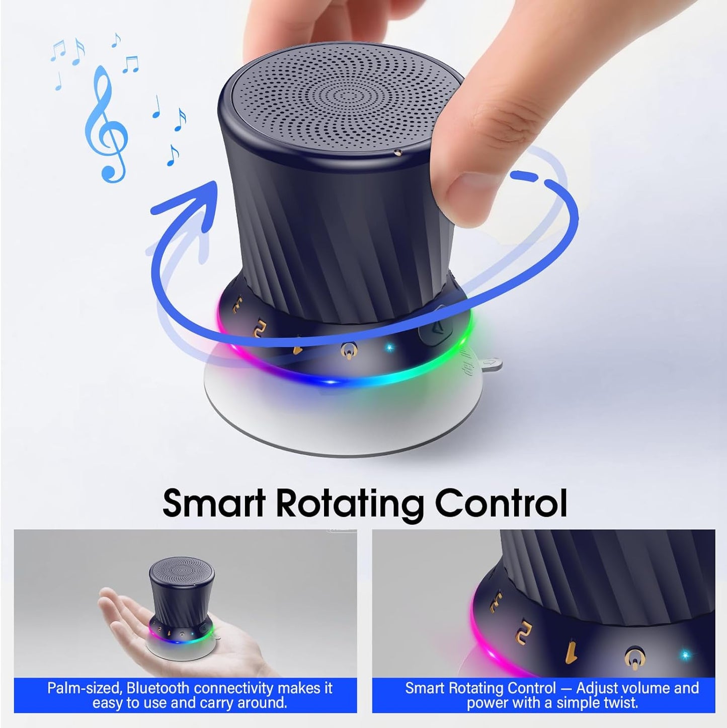 ZYHKON IPX5 5.3 8H Rotary Bluetooth Shower Speaker with RGB Lights, Waterproof Portable Speaker with Suction Cup, Deep