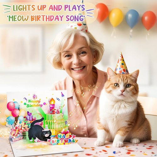 FITMITE Birthday Cards - Cute Cat Design with Music, Lights & Blowable Candle | Perfect Gift for Cat Lovers