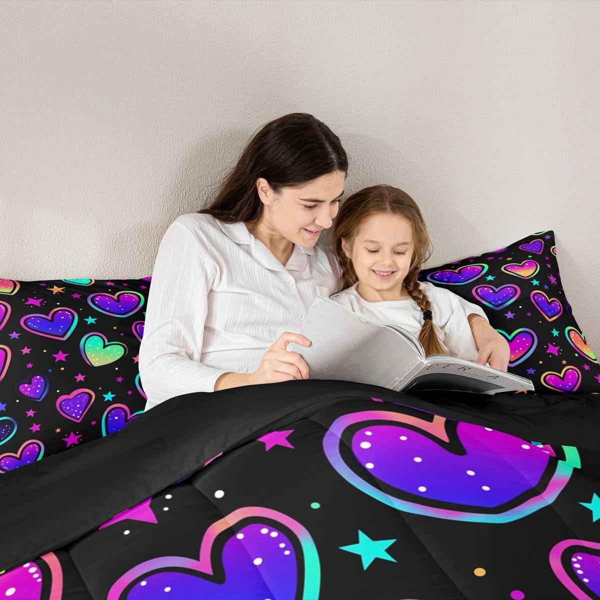 Erosebridal Neon Hearts Bedding Twin Rainbow Love Heart Comforter Set for Girls, Psychedelic Galaxy Duvet Insert Gradient Glowing Stars Down Comforter, Black Girly Bedding Comforter Sets Lightweight
