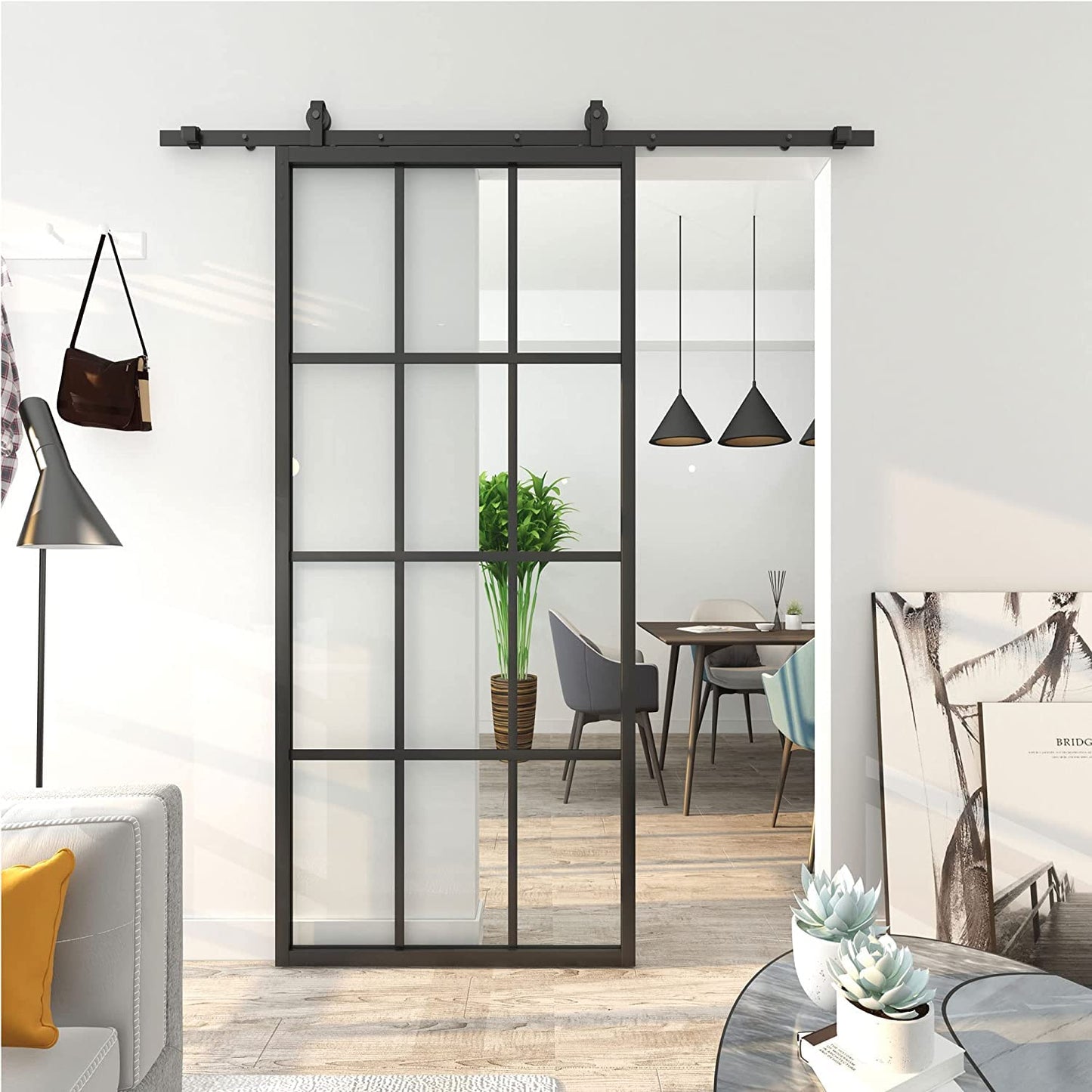 JUBEST 42in x 84in DIY Glass Sliding Barn Door, Sturdy 4-Lite Clear Tempered Glass Aluminum Frame Sliding Door Panel Without Hardware Kit, Easy Assembly