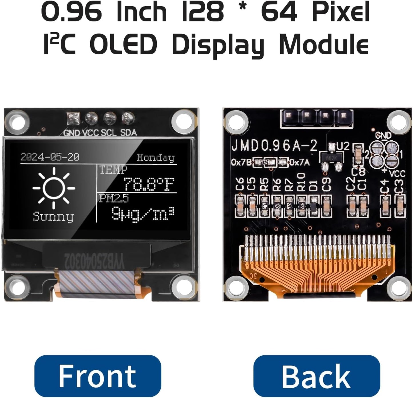 YELUFT 5pcs 0.96 Inch I2C 12864 128x64 SSD1306 Pi/ESP32 Pre-Soldered IIC OLED Display Module Pixel Driver Self-Luminous