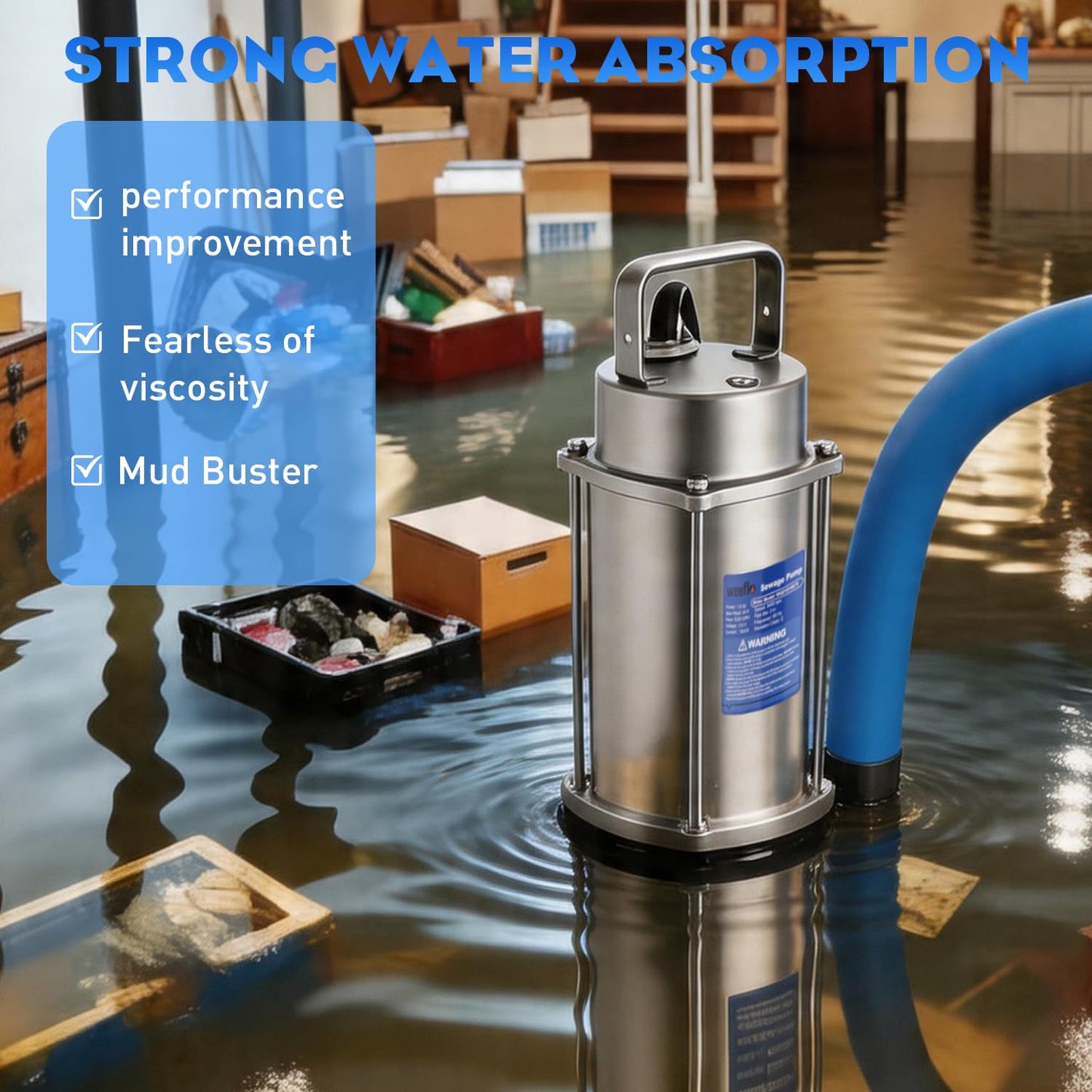 Weeflos 1.6HP 5200GPH Sewage Grinder Pump Stainless Steel Effluent Pump with Auto Float Switch for Basement Sump Basin and Sewage Well Pre-wired (16M) with a 3-Point Plug