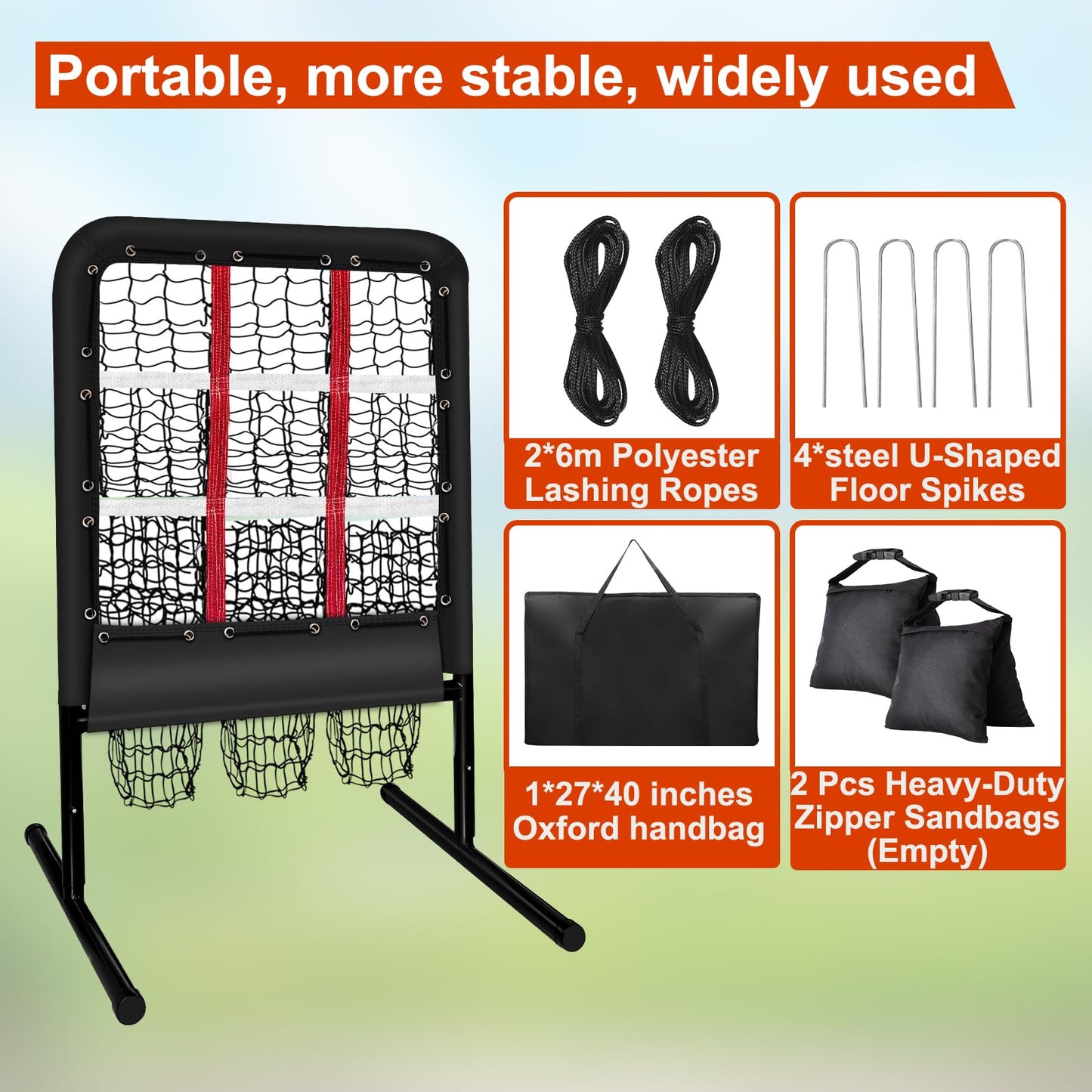 9 Hole Pitching Net with Strike Zone and Handbag, Fixed by 4 Ground Stakes & 2 Sandbags. Adjustable Heights (39-46in) for Pitching Target Net, Softball Training