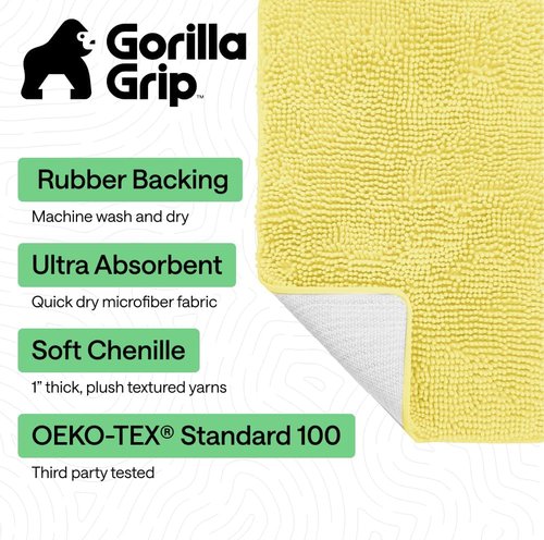 GORILLA GRIP Bath Rug Mat - Thick Soft Absorbent Chenille | Quick Dry Microfiber, 36x24, Yellow
