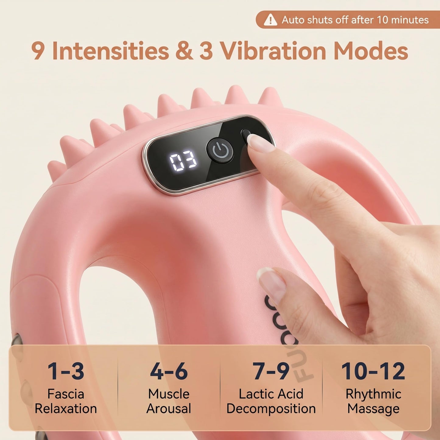 FUOOO 4-Head Fascia Ring Massager, Multifunctional Full-Body Deep Tissue Massage Gun, Hands-Free Ergonomic Electric Massager with Waist Belt, 3 Modes 9 Intensities Cordless Muscle Relief
