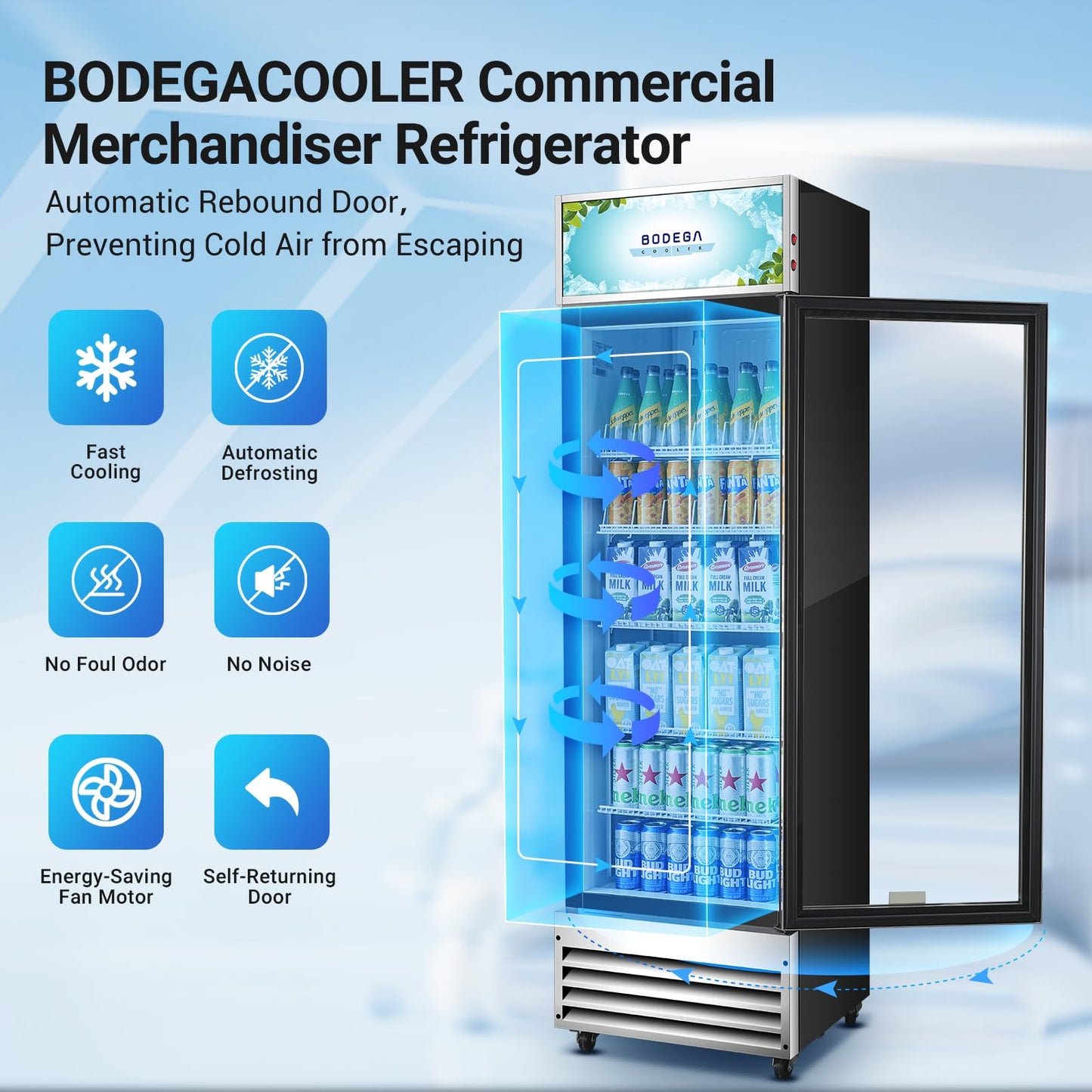 BODEGACOOLER Commercial Merchandiser Refrigerator, 12.5 Cu.Ft Glass Door Display Cooler, Upright Beverage Refrigerator with Soft LED Light, Adjustable Shelves, 4 Heavy-Duty Stainless Steel Casters