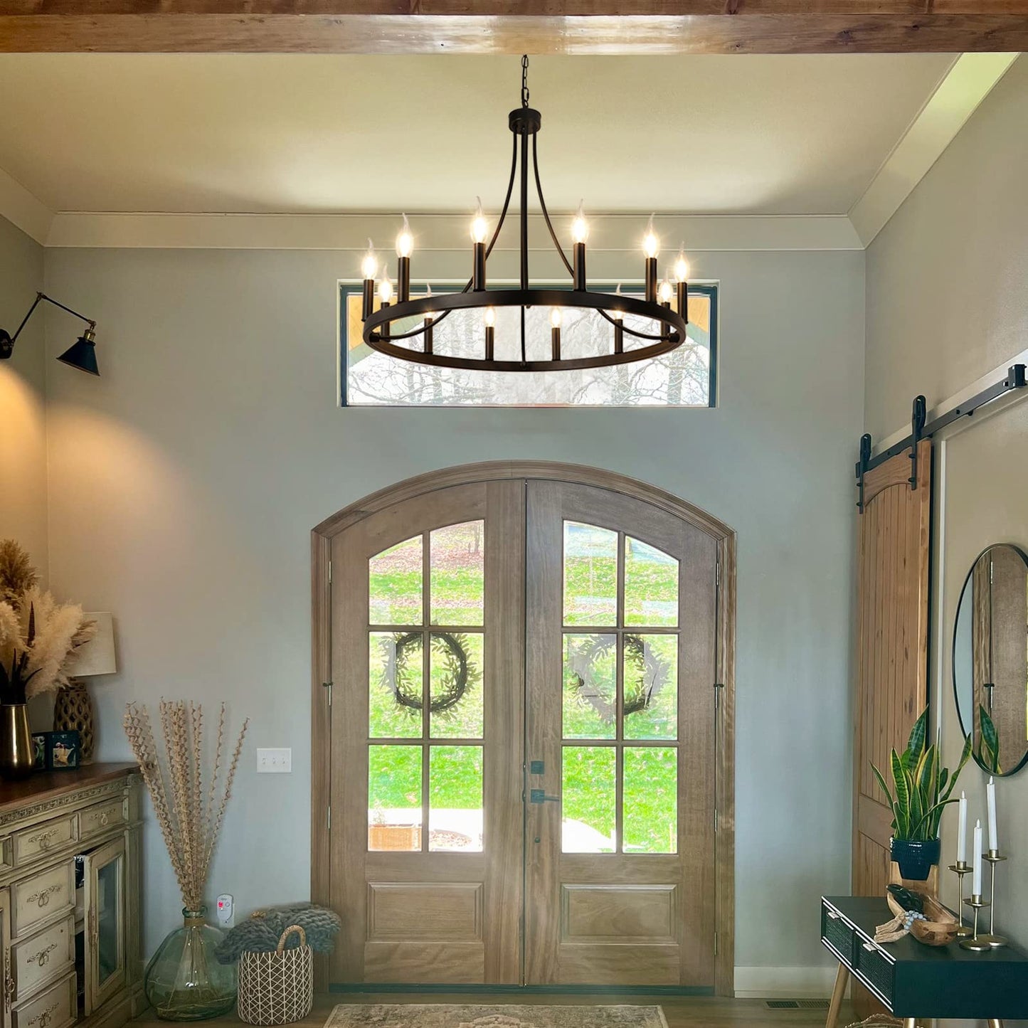 LynPon Black Wagon Wheel Chandelier, 12 Lights Rustic Farmhouse Dining Room Light Fixtures, Diam 27 Inch Round Chandeliers Industrial Hanging Light Fixture for Living Room Kitchen Foyer Entryway