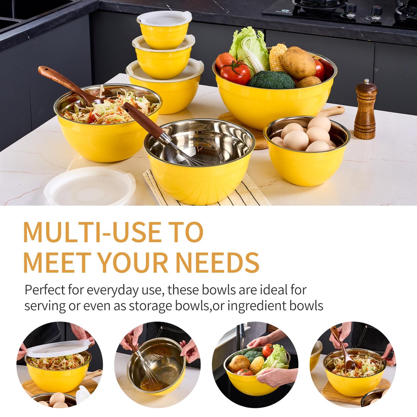 Onlycooker Yellow Mixing Bowls With Airtight Lids,Stainless Steel Bowl,Salad Bowls 7 Piece Colorful Nesting Bowl Yellow Kitchen Accessories,Size 7,3.6,2.7,2.1,1.5,1.1,0.8QT Stackable Design
