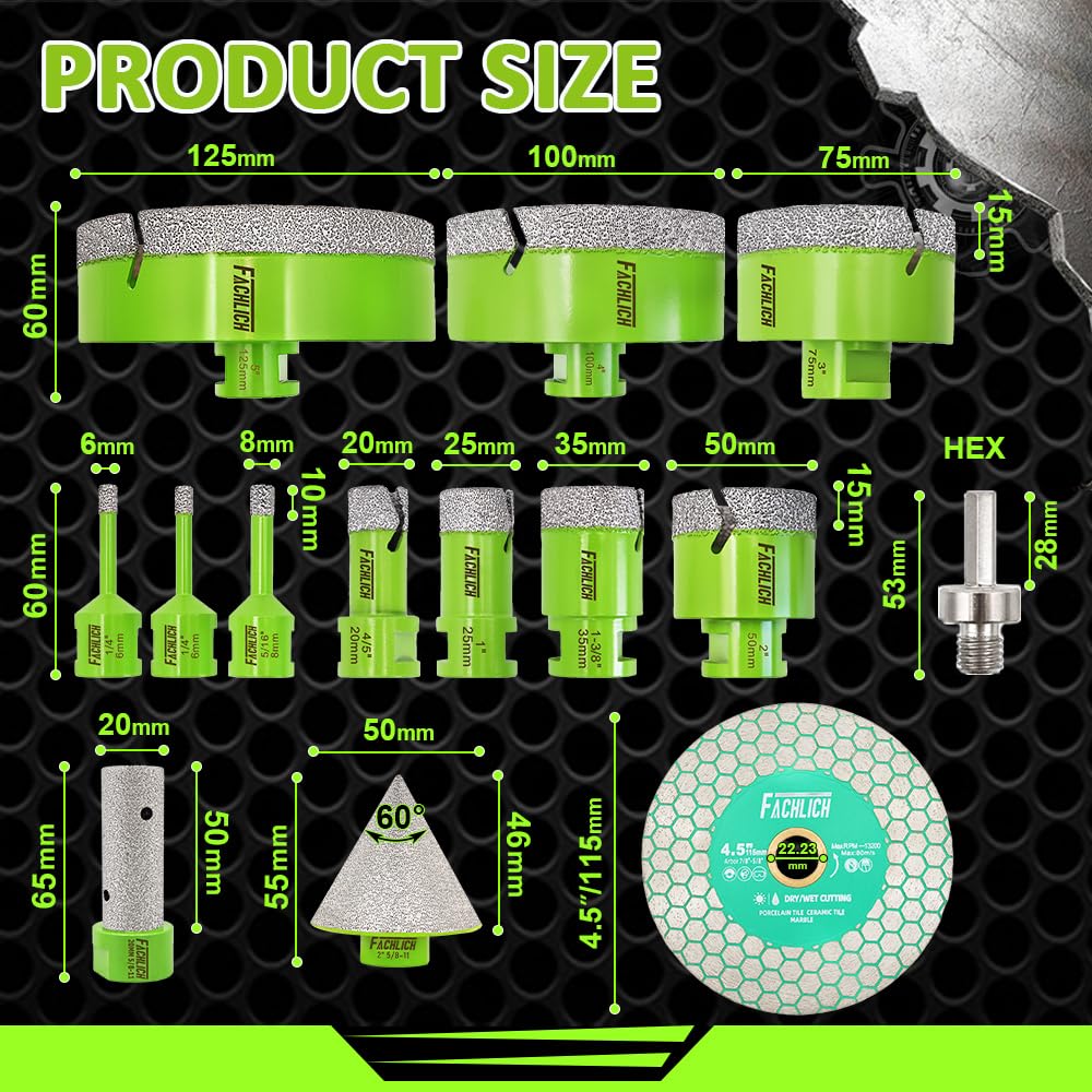 Tile Hole Saw Kit Diamond - (6/6/8/20/25/35/50/75/100/125mm Drill Bits+Finger Bit+Chamfer Bit+Adapter+Tile Blade) Diamond Hole Saw Kit for Porcelain Ceramic,5/8"-11 Thread