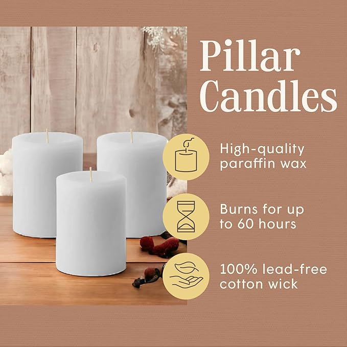 Mister Candle Dripless Unscented Pillar Candles, Set of 3 Hand Poured Solid Color Non-Scented Candles for Home Decor, Premium Wax, 60 Hr Burn Time - 3x4 Inch, White