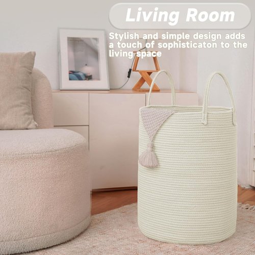 JMvicyroam Large Woven Laundry Basket - 60L Cotton Rope Storage Bin for Blankets, Toys & Clothes | White