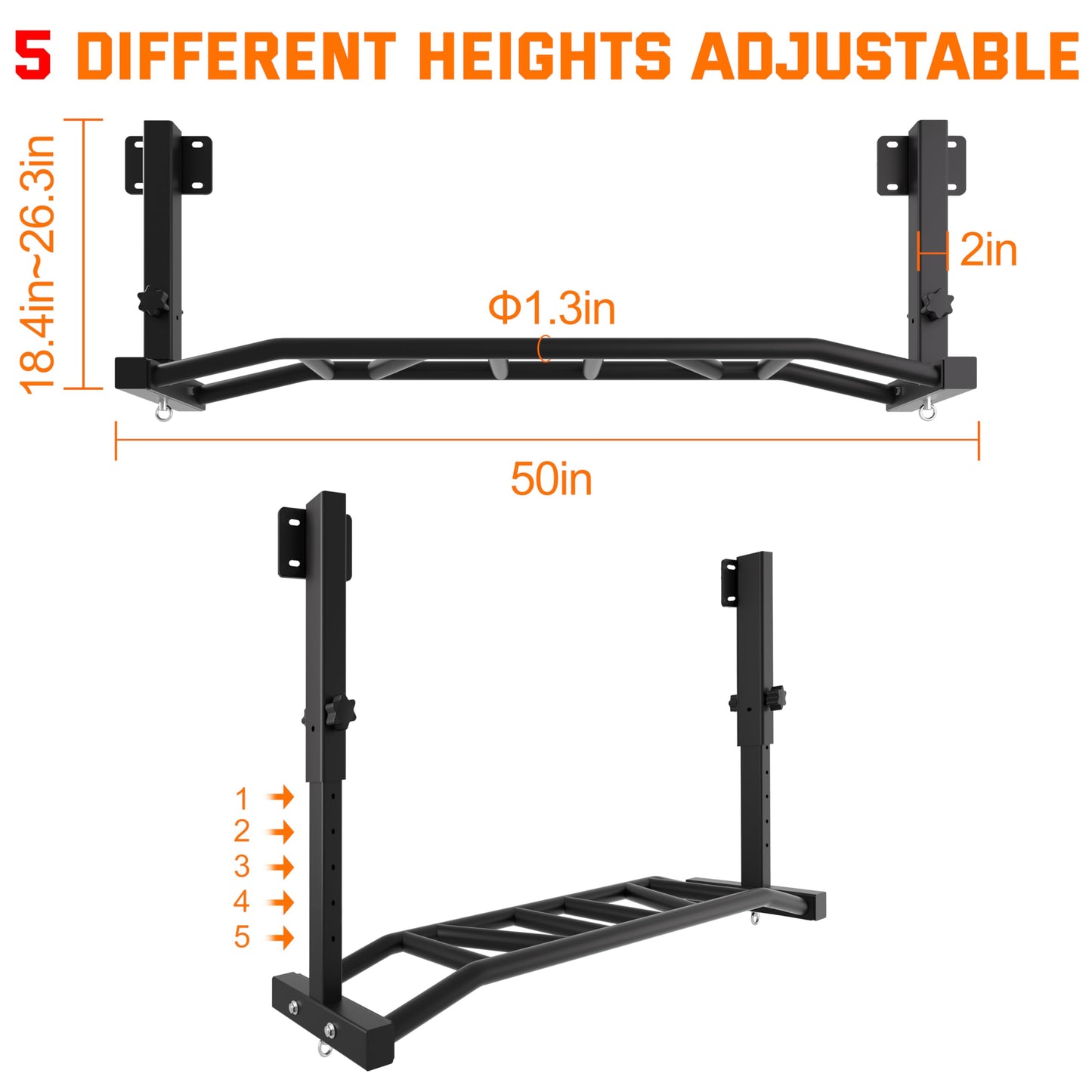 HWOOUSA 48" Joist Mounted Pull Up Bar, 600LBS Heavy Duty Multi Grip Ceiling Mount Chin Up Bar, Ceiling Beam for Home Gym/Garage/Basement with 5-Height Adjustable& Round Anchors, Easy to Install
