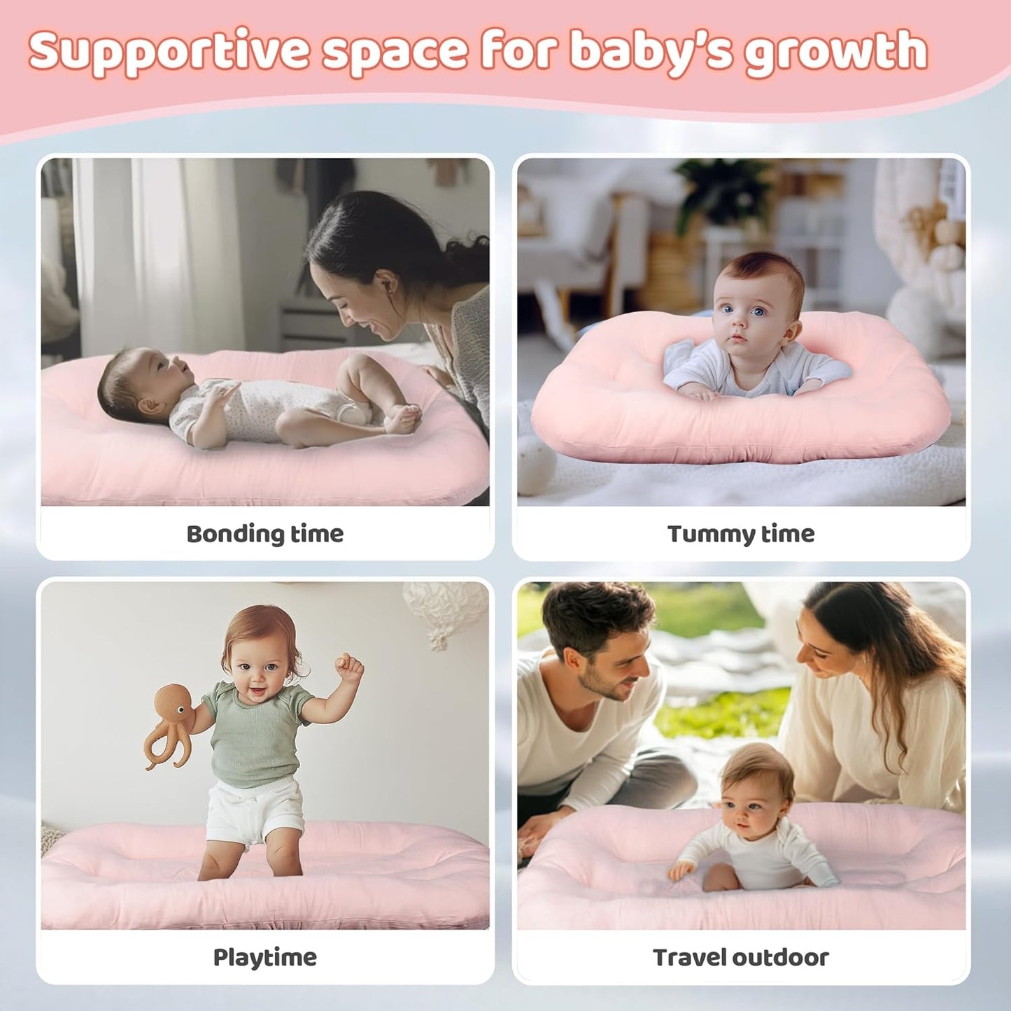 Skiennix Infant Support Cushion - Portable Tummy Time Mat for Newborns 0-24 Months, Soft Cotton, Pink