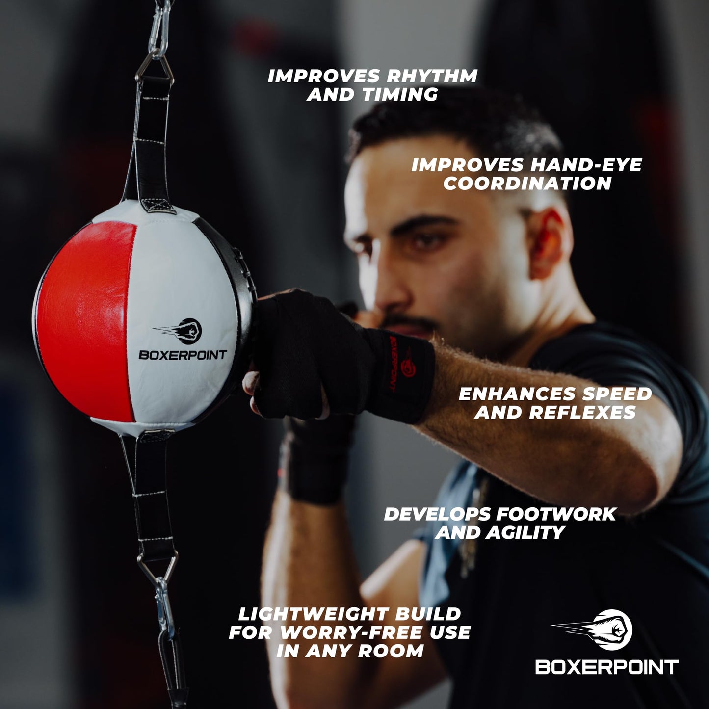 Boxerpoint Double End Boxing Bag - Small 7x7 in Red/White/Black - Birthday Gift Speed Training with Speed Punching Bag Platform & Boxing Reflex Ball - Training Station for Adults - Gym Equipment