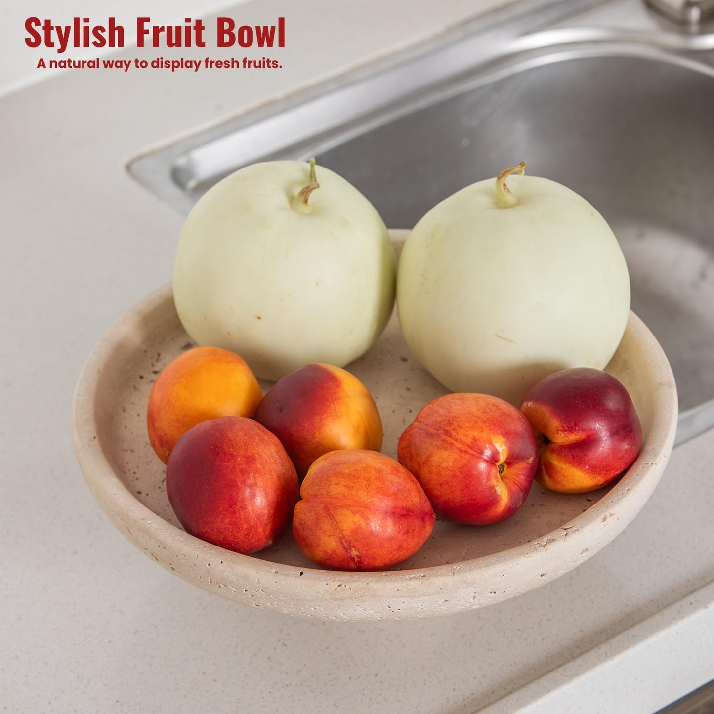 Natural Travertine Fruit Bowl 11.8" – Large Decorative Bowl & Travertine Decor Pedestal for Kitchen Counter & Dining Table ,For Entryway, Kitchen Fruit Bowl, Potpourri, Dining Table Centerpiece.