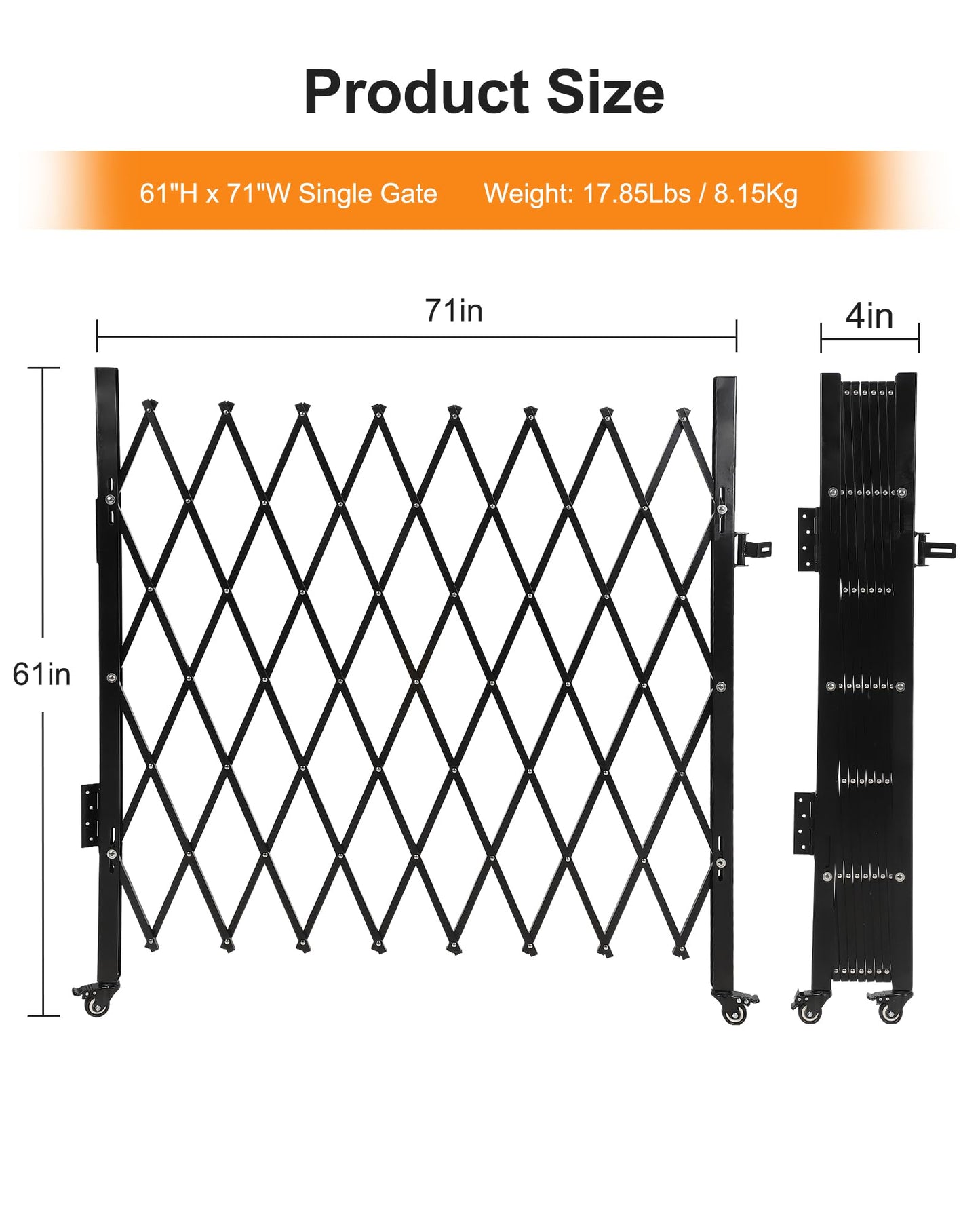 Single Folding Security Gate, 61" H x 71" W Flexible Expanding Security Gate, Folding Driveway Door Gate, Aluminum Security Gate, 360°Rolling Barricade Gate, Scissor Gate or Door, Black
