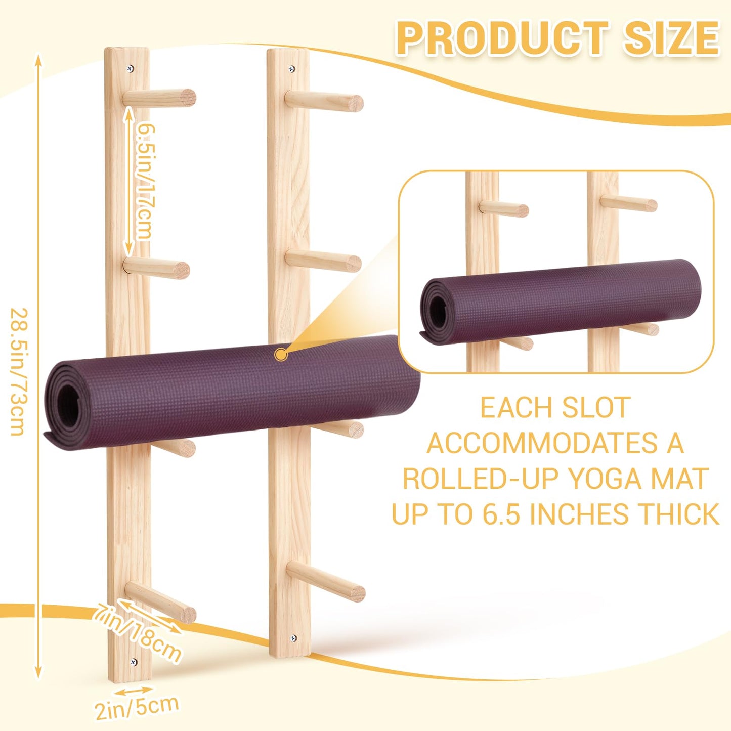 Cinnvoice 1 Pair Yoga Mat Holder Wall Mount Wooden Yoga Mat Storage Racks for Foam Roller & Fitness Accessories 4 Layer 28.7" X7" X2", Accommodating 4 Mats Save Space & Home Gym Organize