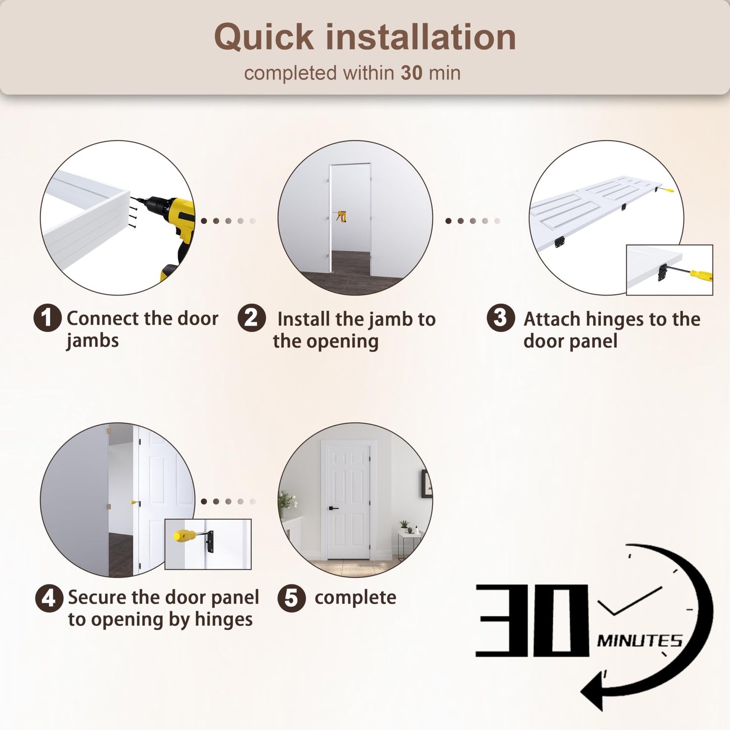 JUBEST 30"x80" Right-Hand Prehung Interior Door with Knock Down Jamb Kit & Matte Black Hinges, 6-Panel White Primed Hollow Core Molded Door Slab with Bore & Hinge Cutout, Durable & Sturdy, No Handle