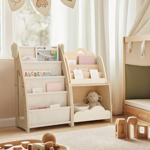 Kids Bookshelf with Storage, 3-Piece Modular Wooden Bookcase Organizer for Nursery, Bedroom, Playroom, Easy Assembly, Corner Shelf for Books & Toys, Natural Wood Design (B)