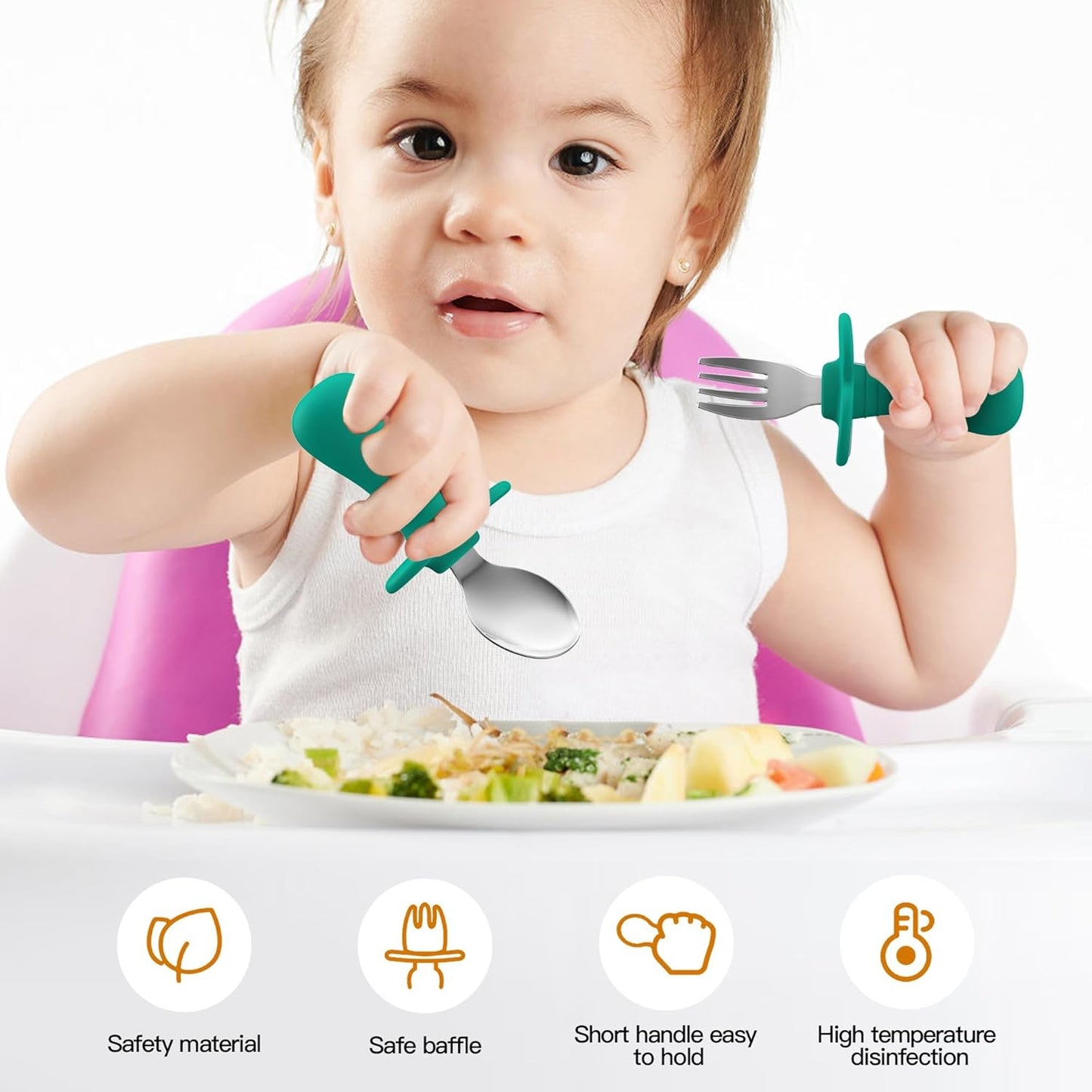 Skiennix Toddler Spoons and Forks Set - 4-Piece Kids Silverware with Silicone Handle | BPA-Free, Anti-Choke Design (Dark Blue, Green)