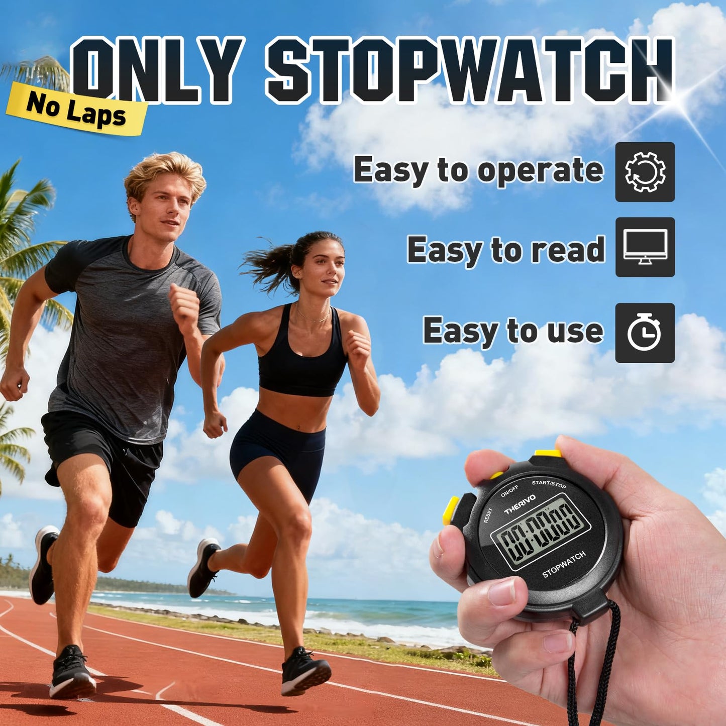 Therivo Digital Simple Silent Stopwatch Timer: Only Stopwatch Mode (No Laps), Easy to Use, Read, and Carry with Intuitive Buttons — On/Off, Large Display, Ideal for Kids, Track, Sports, Coaches