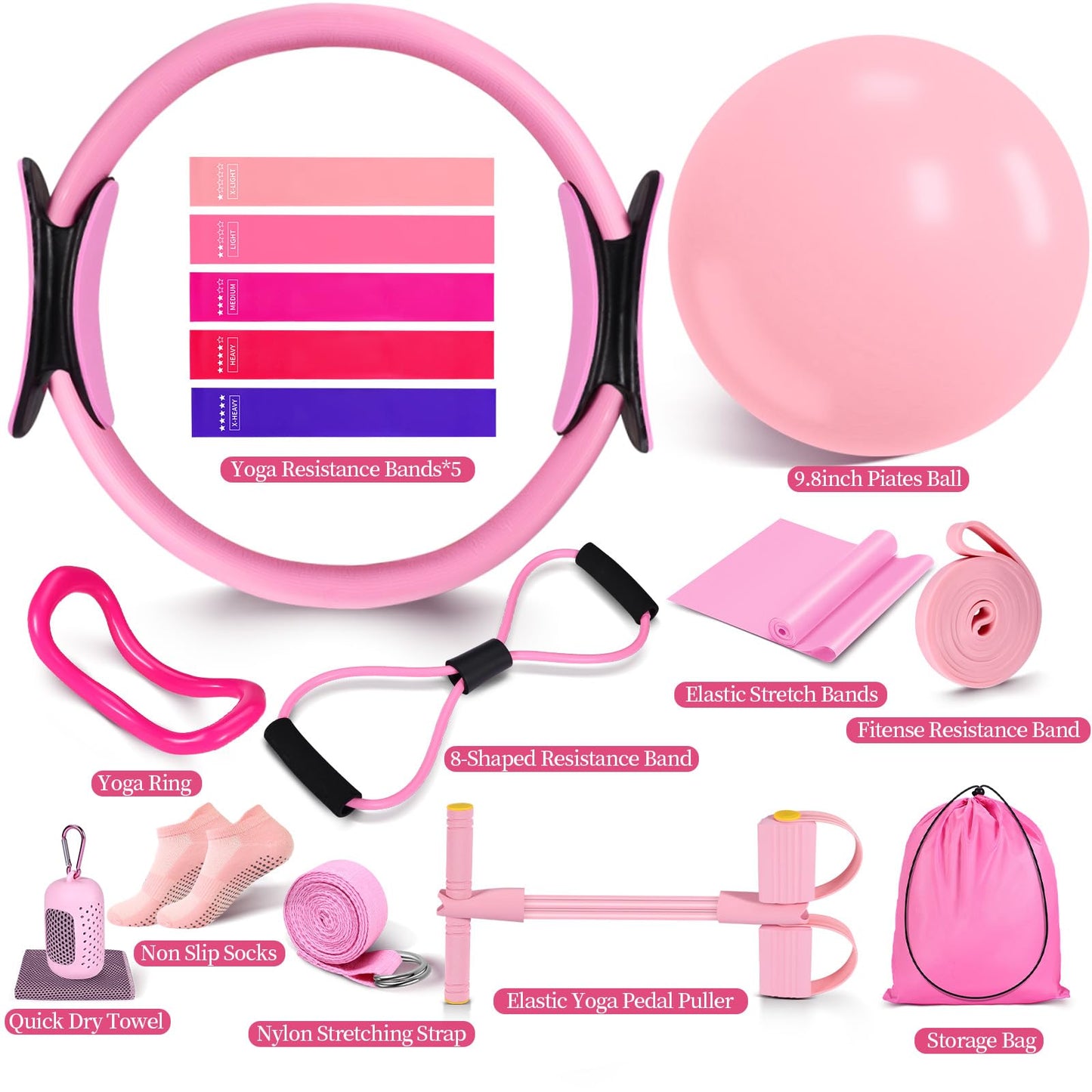 Pilates Essentials Kit for Women 15 Pcs Pilates Equipment for Home Workouts with Yoga Circle Ball Ring, 5 Resistance Bands,Pedal Puller Resistance Band,Anti Slip Socks for Starter Set,Pink