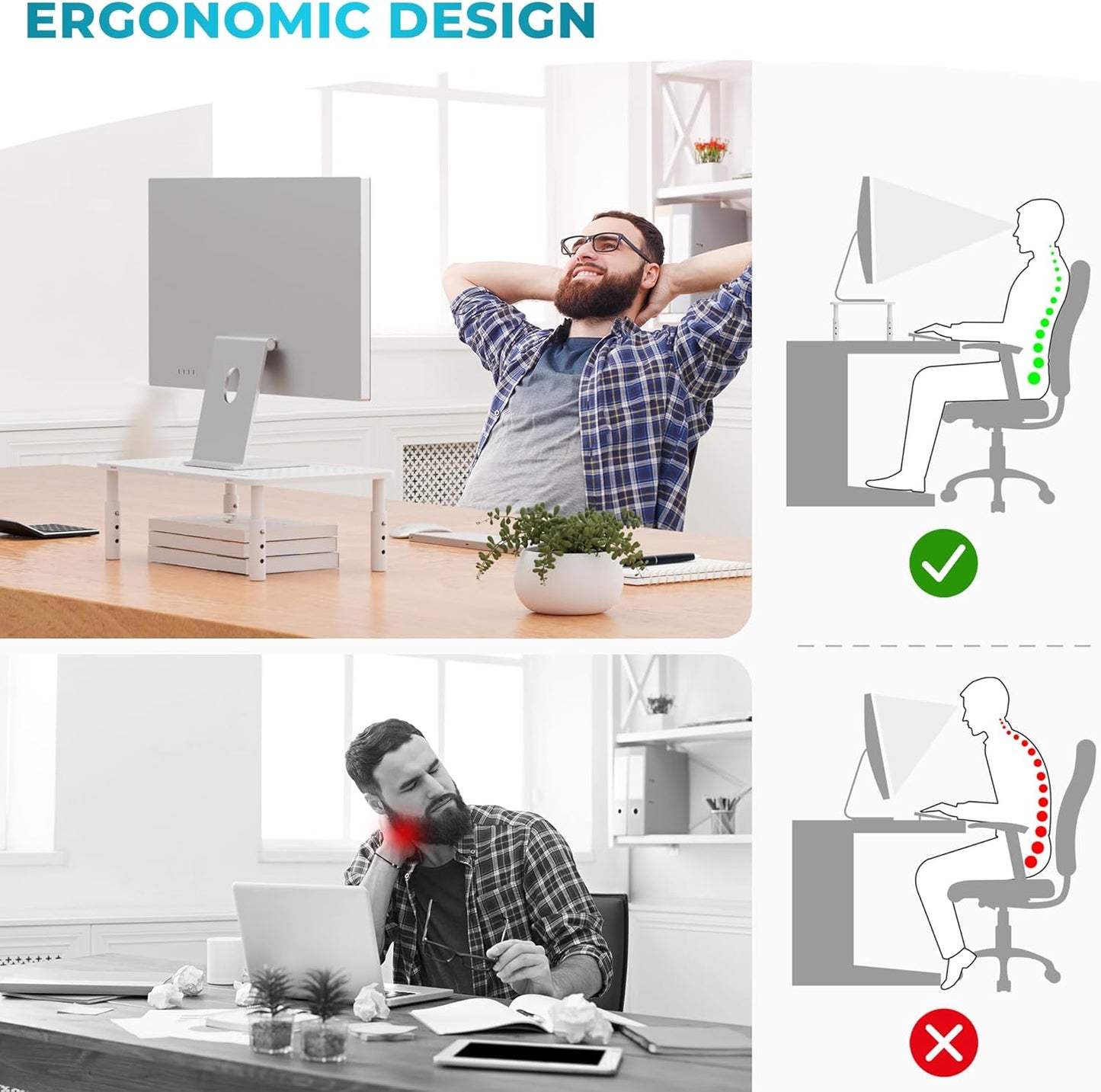 2 Pack 14.5 9.1, BONTEC Monitor Stand Height Adjustable Metal Riser with Pen Holder, White, x Ergonomic Desktop Stand