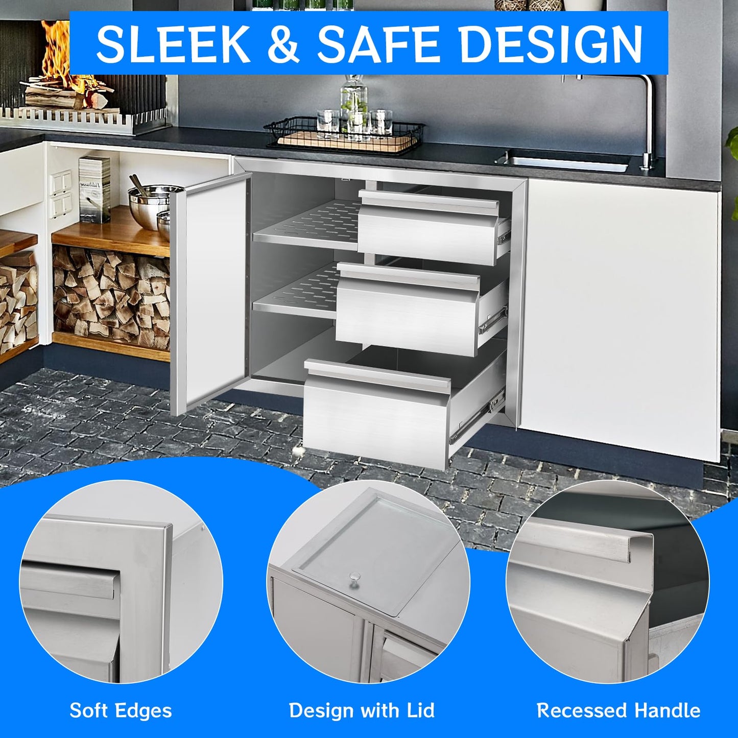 Duluciate Outdoor Kitchen Drawer Combo Cabinet, Stainless Steel Triple Drawers with Integrated Access Door, 28" W x 22" H x 19.5" D Outdoor Built-in Cabinet for BBQ Island Grill Stations