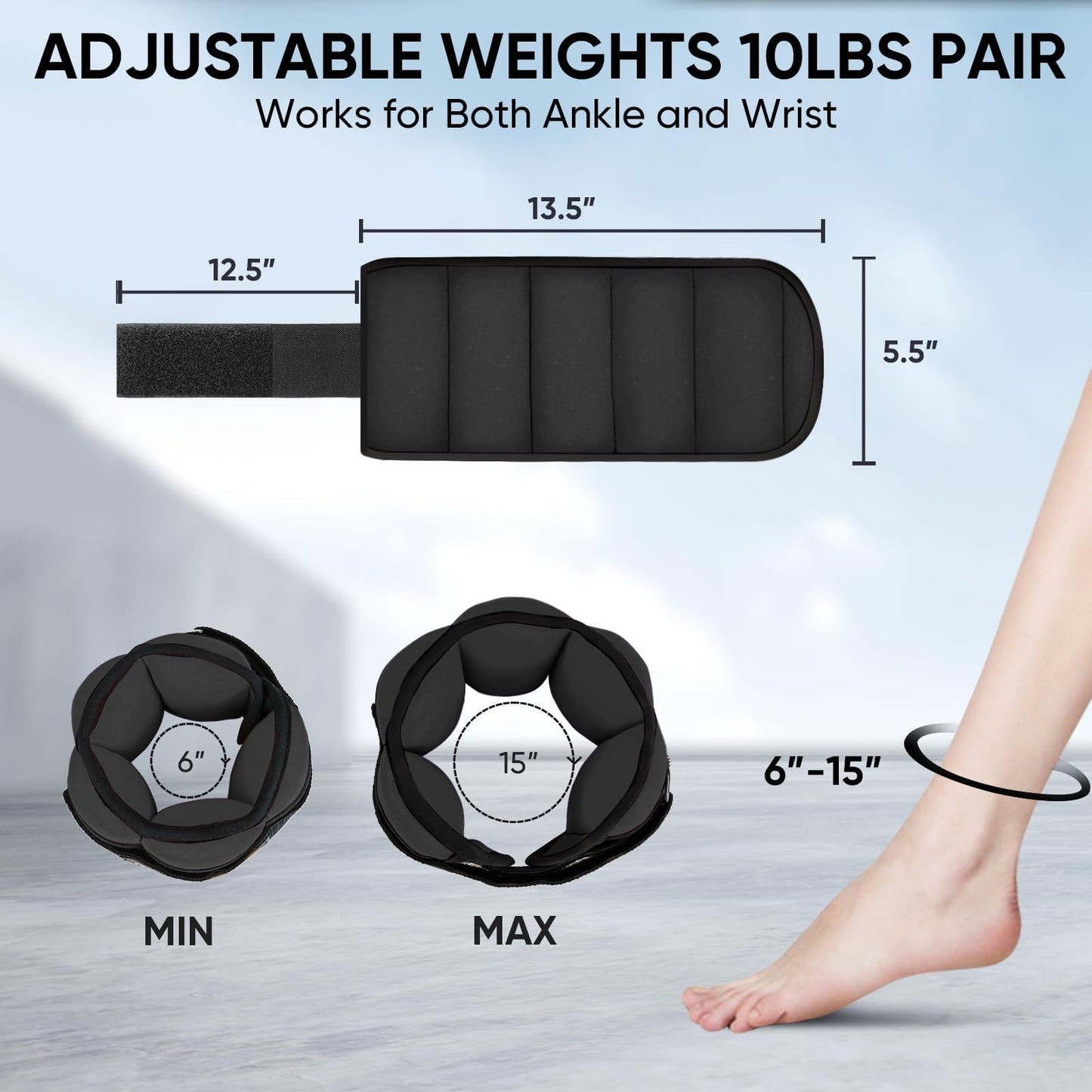 APEXUP 10lbs/Pair Adjustable Ankle Weights for Women and Men, Modularized Leg Weight Straps for Yoga, Walking, Running, Aerobics, Gym, Physical Therapy (Black)