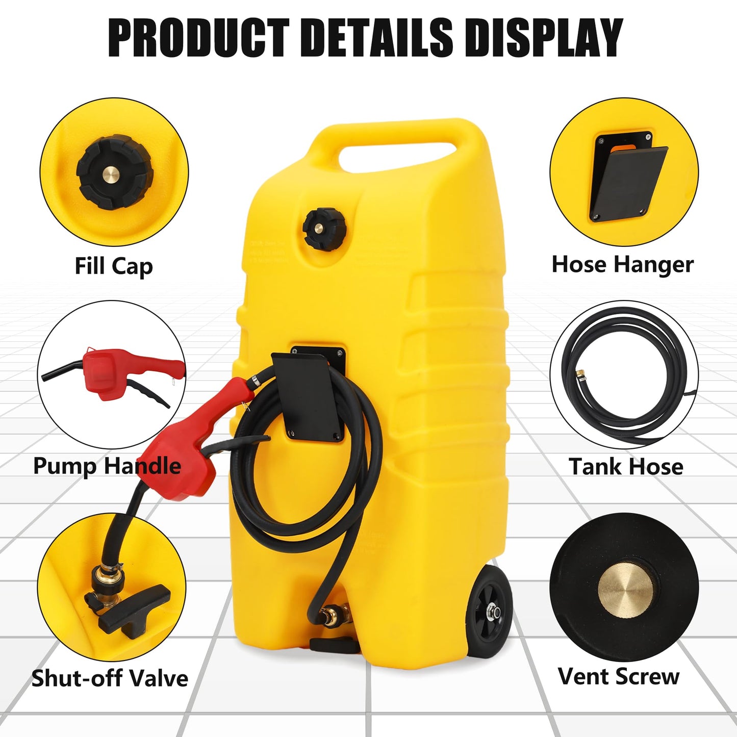 Garvee 15 Gallon Gas Can, Fuel Caddy with Pump, Fuel Transfer Tanks with 10 FT Delivery Hose Diesel Fuel Can for Cars, Lawn Mowers, Boats,Medium, Yellow