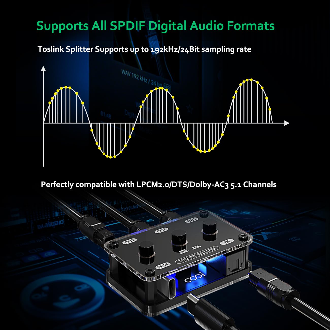 cooidea 1 3 192k/24Bit LPCM2.0/DTS/Dolby-AC3 5.1 Digital Optical Audio Splitter in Out SPDIF Toslink Optical Splitter