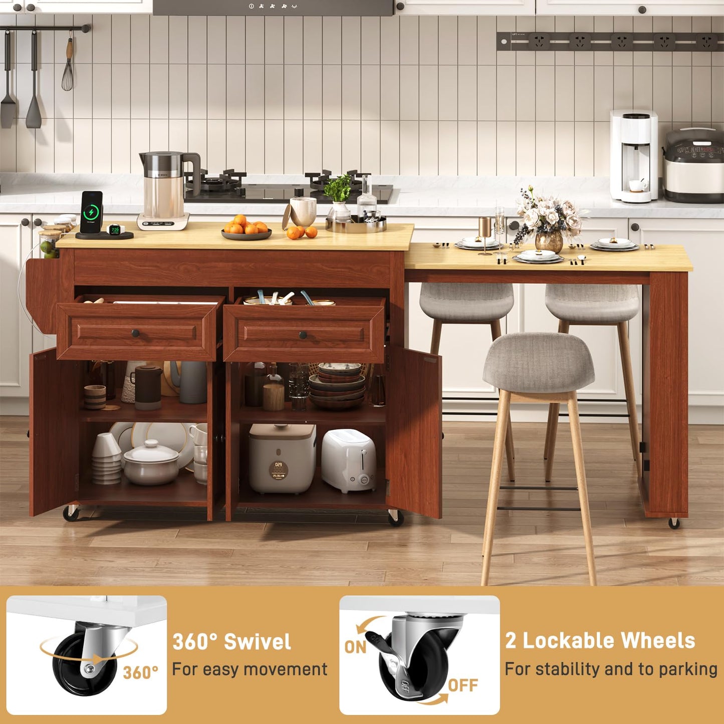80"-48" Extendable Kitchen Island with Extended Dining Table and Power Outlet,Large Mobile Kitchen Storage Islands with 2 Storage Drawers,Rolling Islands Cart with 3 Extra Rows Open Shelves(Brown)