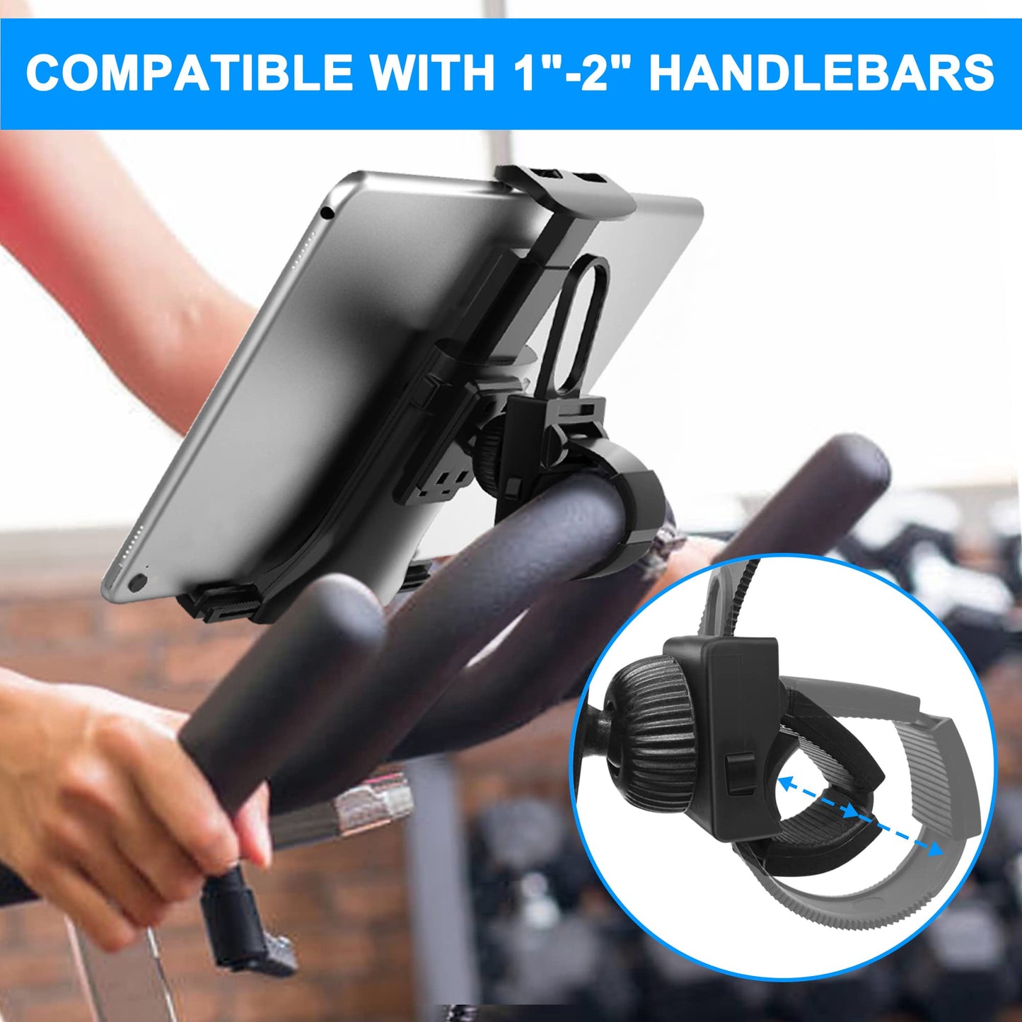 AboveTEK Universal Handlebar Mount for iPad, Indoor Cycling Bike iPad/iPhone Mount – Anti-Shock 360 Degree 3.5” to 12” Expandable Pole Strap Phone Holder for Gym, Treadmill, Spin Bike, Elliptical
