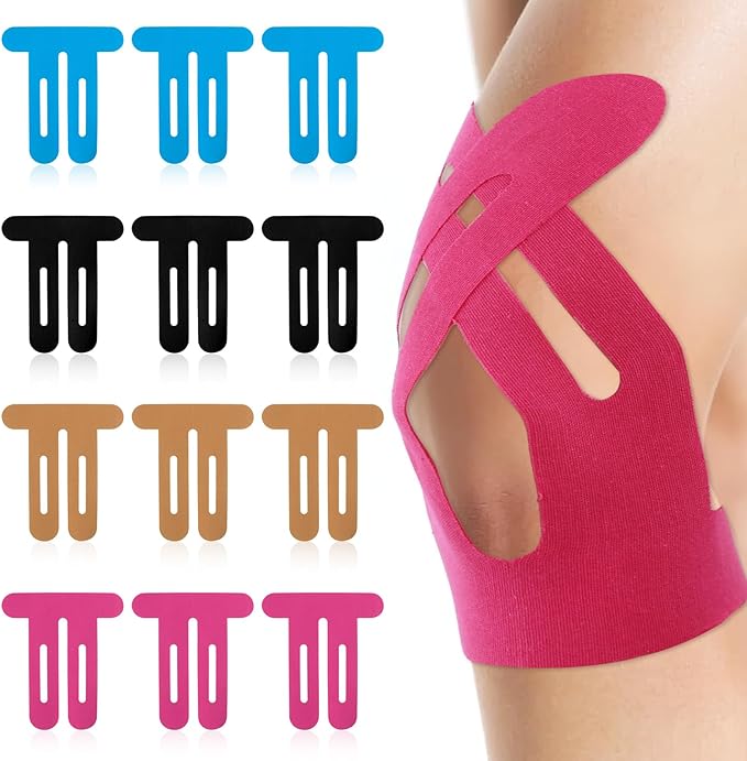 Precut Kinesiology Tape for Knees 12 Pack, Knee Kinesiology Tape Precut for Muscle & Joints, Sports Tape for Knee Support, Latex Free Water Resistant,4 Colors Knee Tape for Knee Pain Relief pre Cut