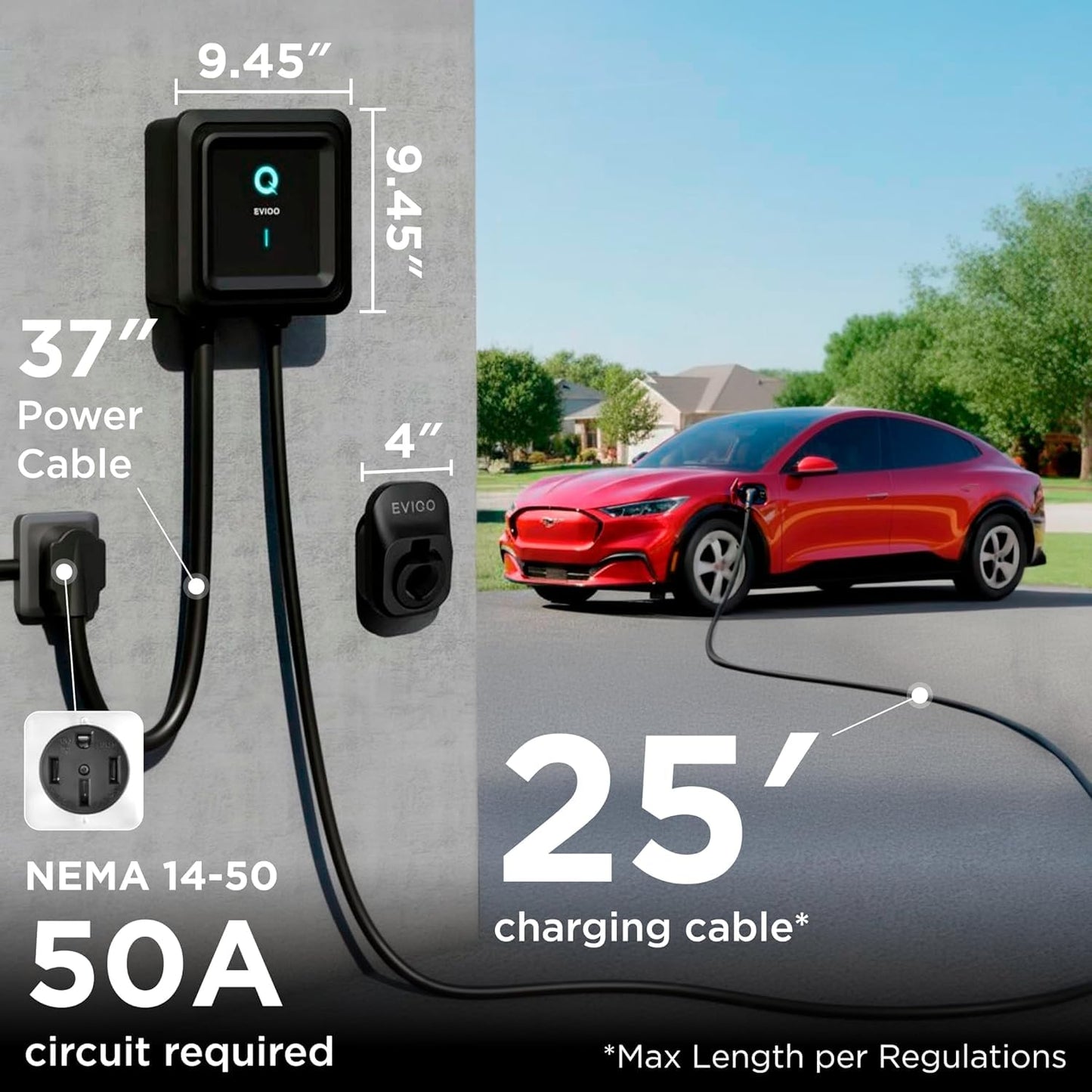 EVIQO Level 2 EV Charger, 40 Amp 240V, J1772 for Non-Tesla EVs, 25ft Cable, WiFi (2.4GHz) Smart App, Weatherproof Indoor/Outdoor (IP66, NEMA 4), UL & ETL Certified, NEMA 14-50 Plug-in, 9.6kW