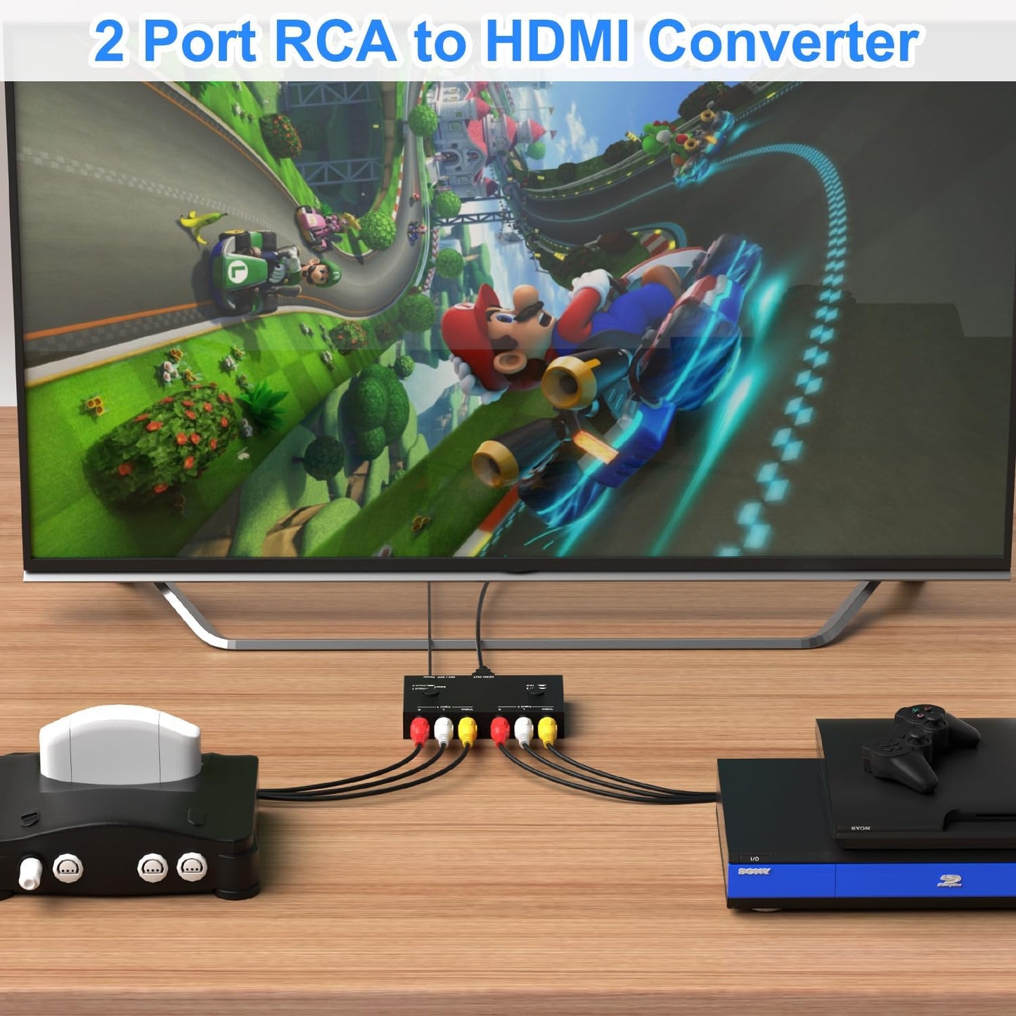 RuiPuo 2 16:9/4:3 WII/N64/PS1/PS2/PS3/VHS/VCR/DVD etc(2 1 Port RCA/AV to HDMI Converter Adapter Support for Players AV