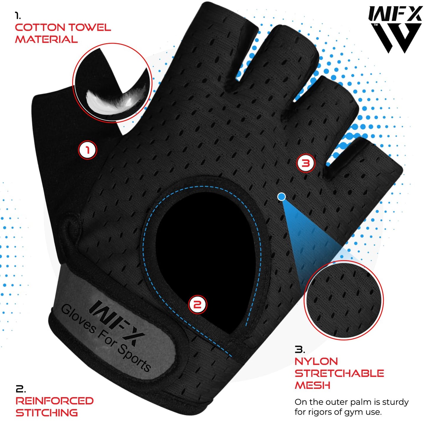 WFX Weight Lifting Gym Gloves Fitness Workout Breathable Ladies Gloves Non-Slip Silicone Padded Palm Protection Elasticated Strength Training Equipment Half Finger Exercise (Black, XL)