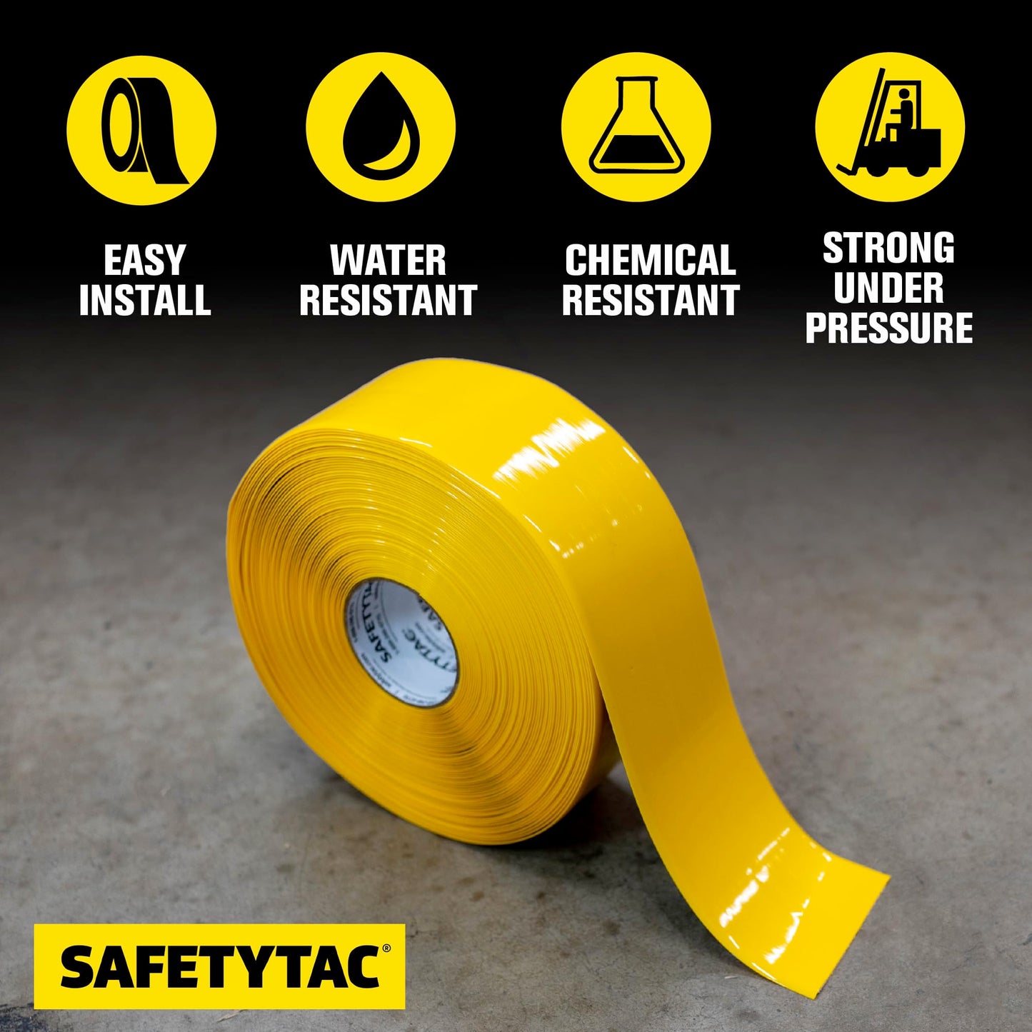 SafetyTac Industrial Floor Marking Tape – Heavy Duty Warehouse Floor Tape for Aisles, Walkways & Safety Zones – Forklift-Safe Adhesive Floor Tape - Yellow, 4in x 100ft