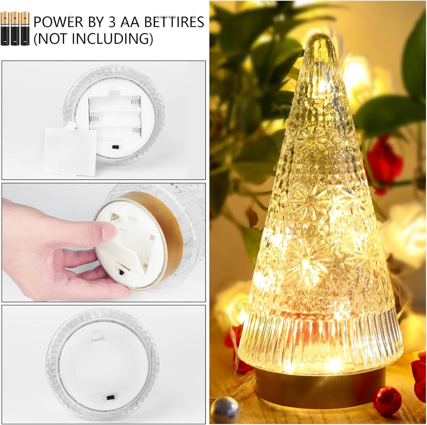 Regine Switzerland Glass Christmas Tree - Small Gold Sparkling LED Light Decoration for Tabletop & Mantel