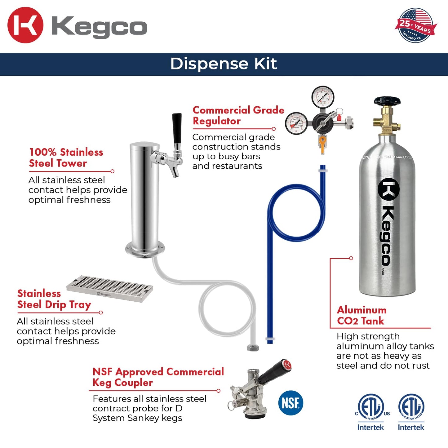 Kegco 24" Wide Single Tap Stainless Steel Built-In Left Hinge Kegerator with Dispense Kit