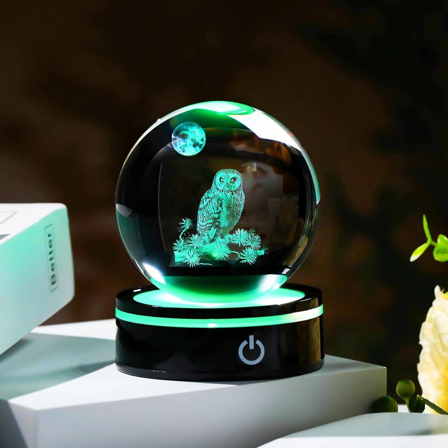 YWHL 3D Owl Figurine - Colorful Light Base Crystal Ball | Perfect Gift for Owl Lovers (80mm)