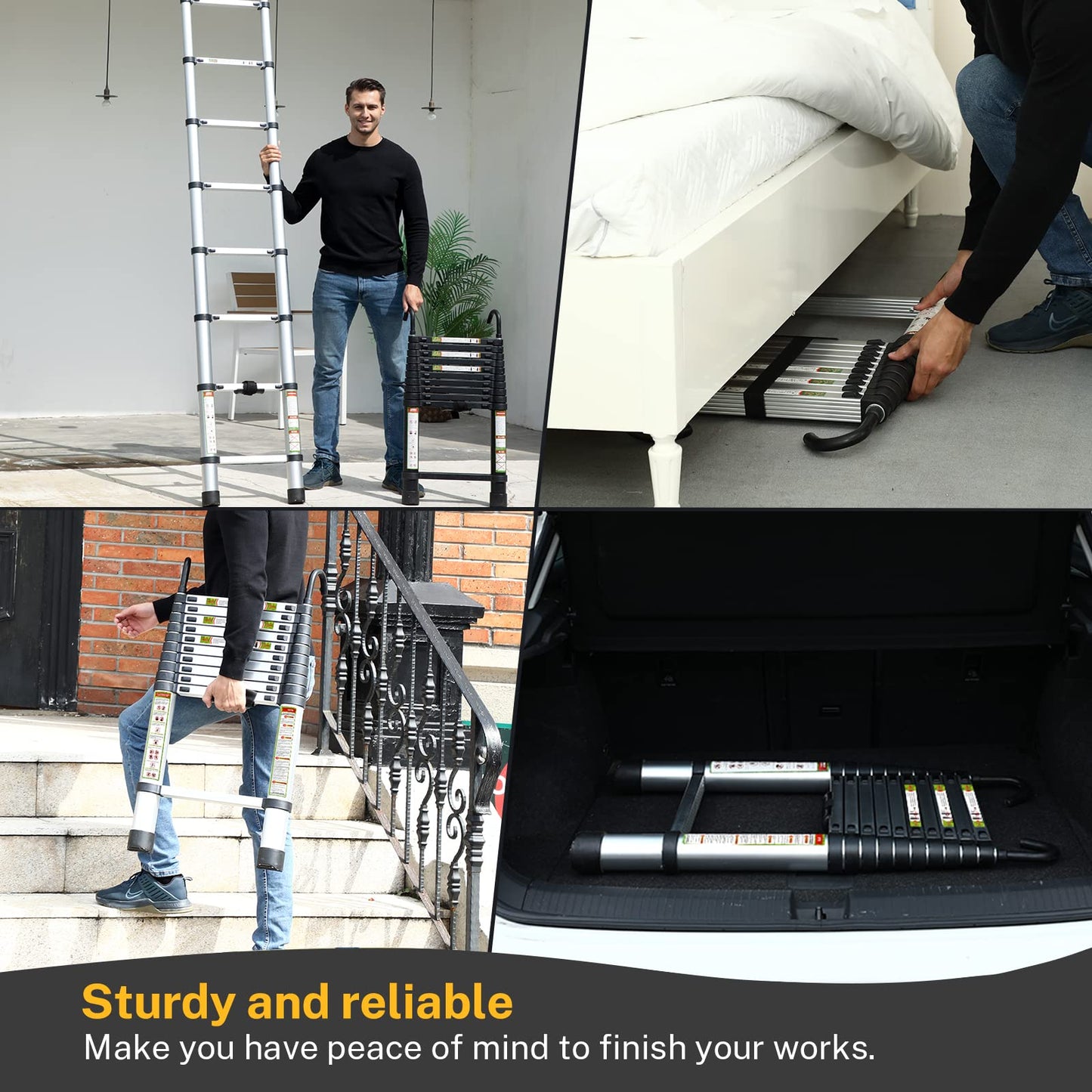 RIKADE Telescopic Ladder, 10.5 ft Aluminum Telescoping Ladder with Non-Slip Feet and Stable Hook, Portable Extension Ladder for Household and Outdoor Working, Max Load 330 lb, Aluminum