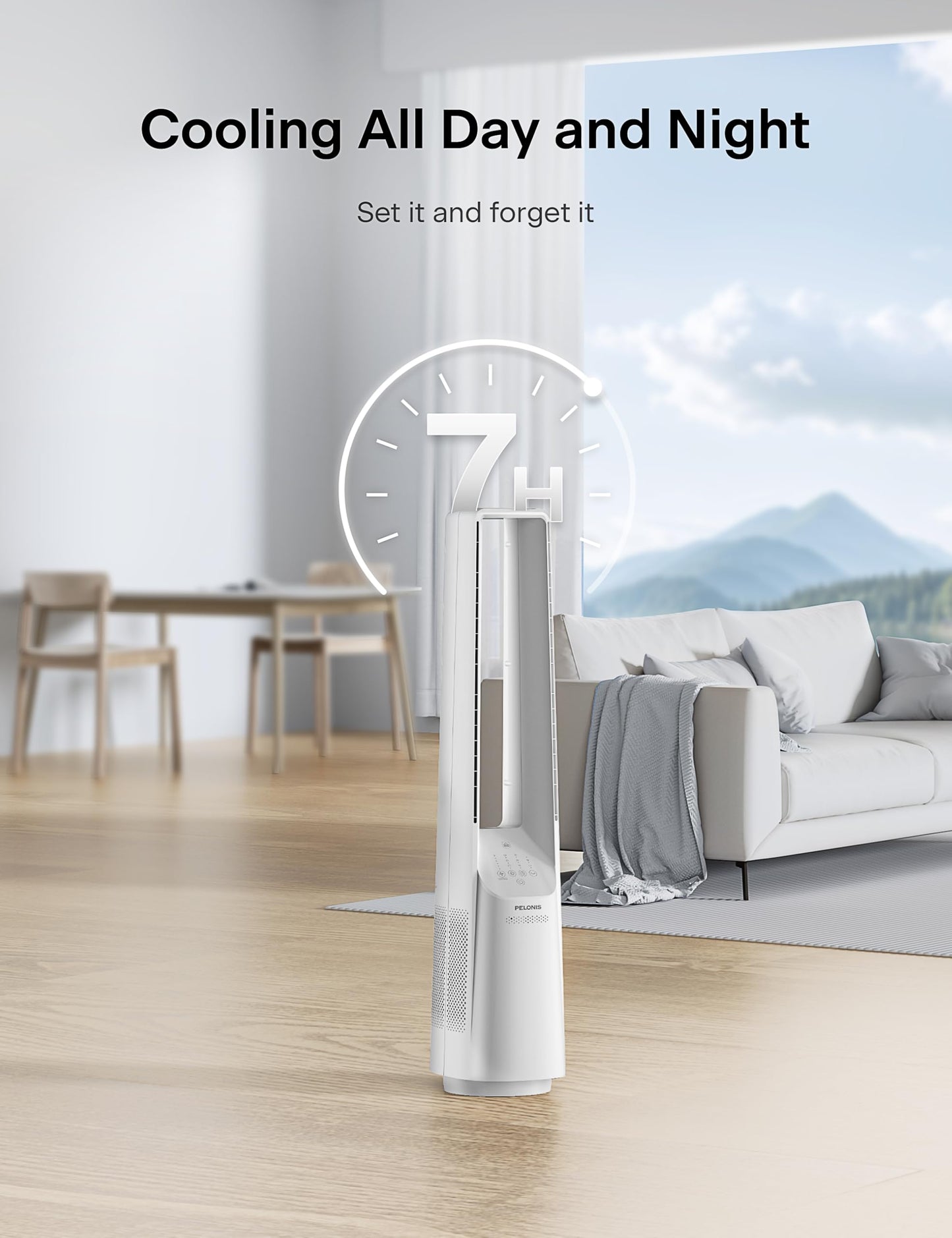 PELONIS Bladeless Tower Fan with 26-33ft Powerful Airflow, Alexa and Google Compatible, 6-Speed Settings, Quiet DC Motor, 120° Oscillation, 7-Hour Timer - Ideal for for Bedroom Home Office Use,White