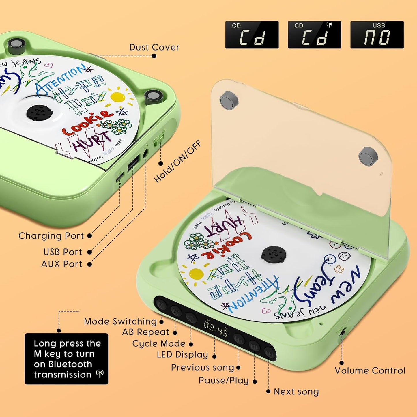 SKYANS Portable CD Player with Bluetooth, Rechargeable CD Player for Home/Car, Built-in HiFi Speakers, Headphones, LCD