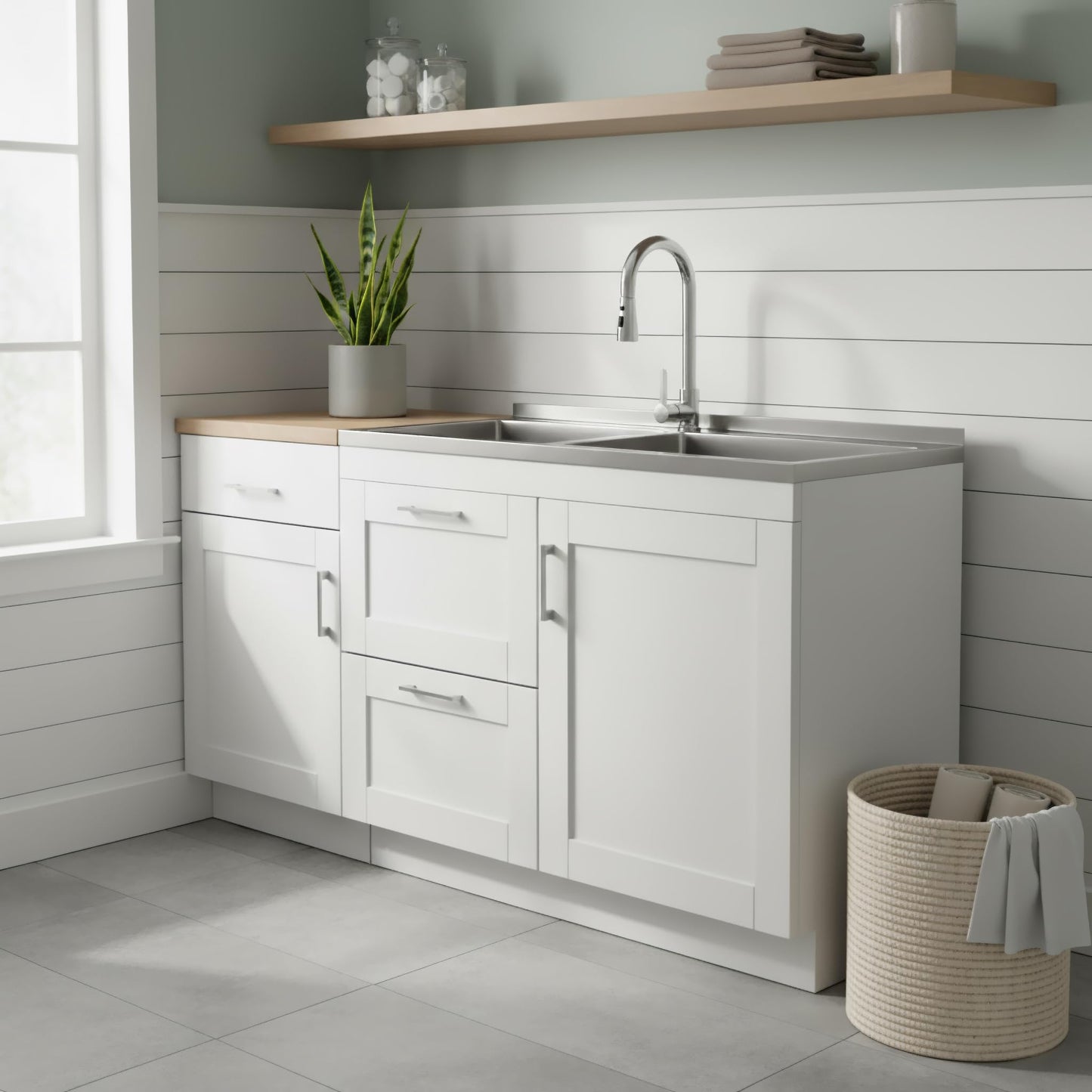 SIMPLIHOME Modern Wide Shaker All-in-One 46 inch Wide Utility Sink and Laundry Cabinet in Pure White Finish, Transitional Stainless Steel Sink Cabinet for Laundry Rooms with High-Arch Chrome Faucet