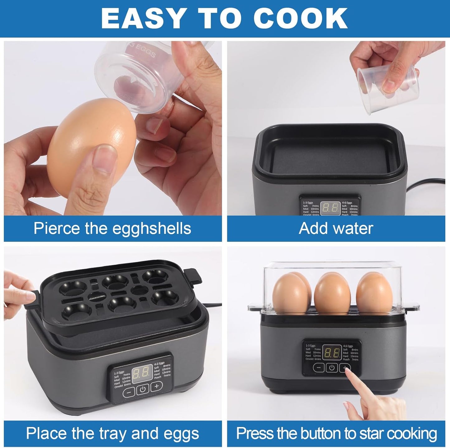 Tesslux Electric Egg Cooker - 6 Egg Capacity for Hard Boiled, Poached, Scrambled Eggs | Auto Shut Off (Gray)