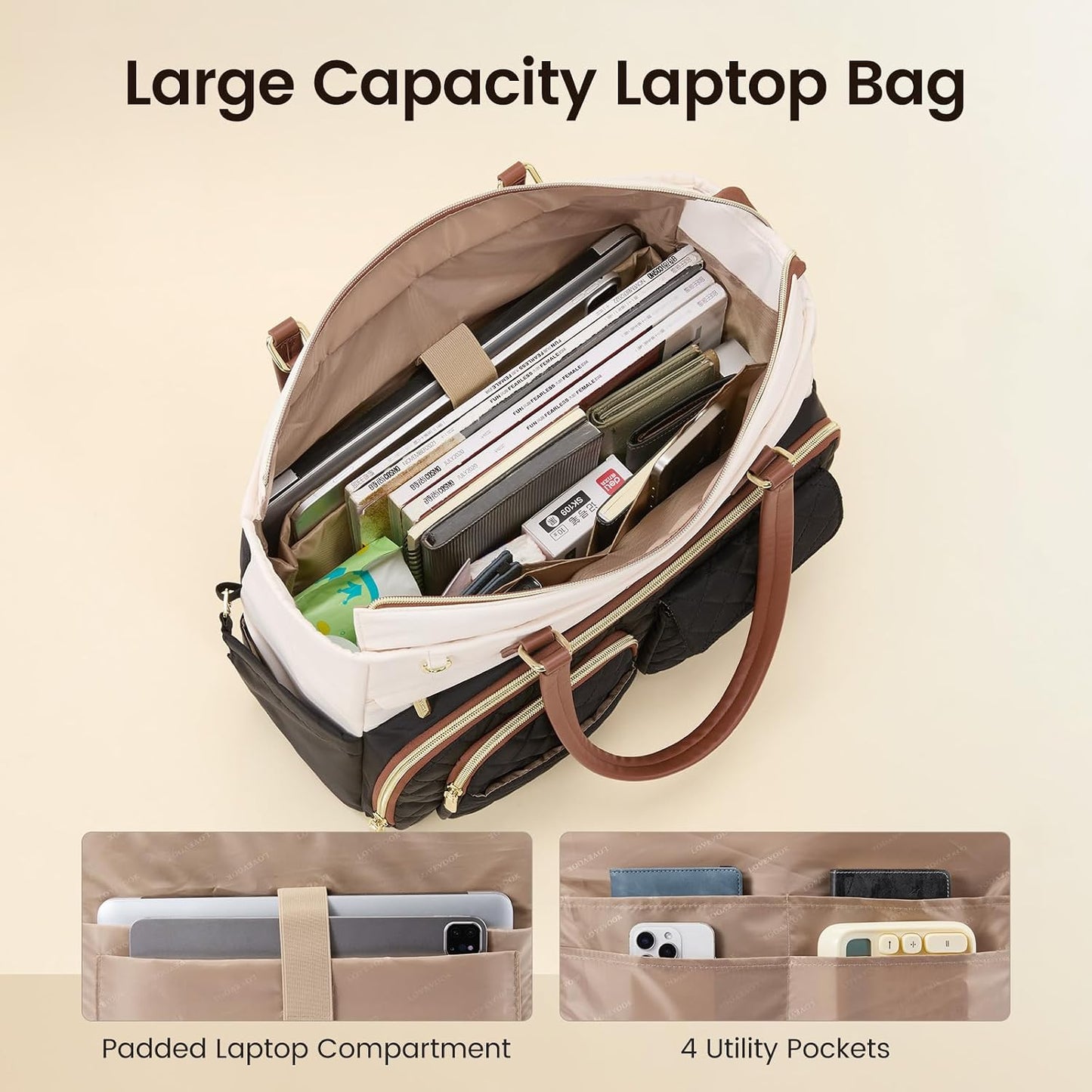 LOVEVOOK 15.6 Inch Tote Bag, Work Bags for Women with Large Cup Holder, Large Capacity Teacher Tote with Multi Pockets