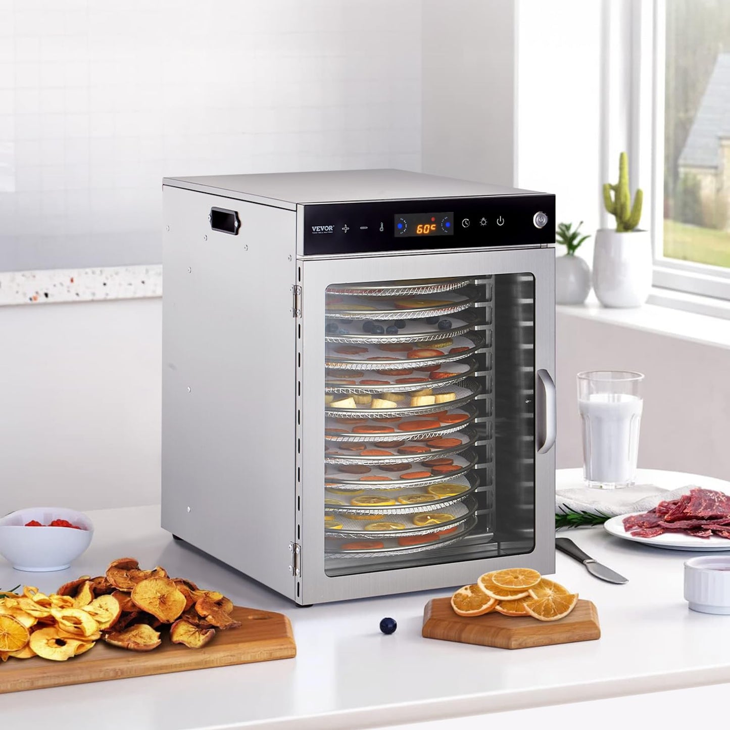 VEVOR Food Dehydrator Machine, Rotary 12 Stainless Steel Trays, 800W Electric Food Dryer with Adjustable Temp & 24-Hour Timer, Food-Dehydrator for Jerky, Meat, Fruit, Vegetables, Herbs, Dog Treats