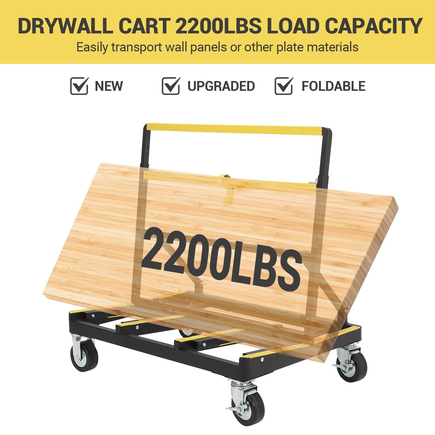 Heavy Duty Folding Drywall Cart, 2200 LBS Capacity Panel Dolly with Extendable Deck & 4 Swivel Casters for Handling Sheetrock, Plywood, Lumber, and Wall Panels