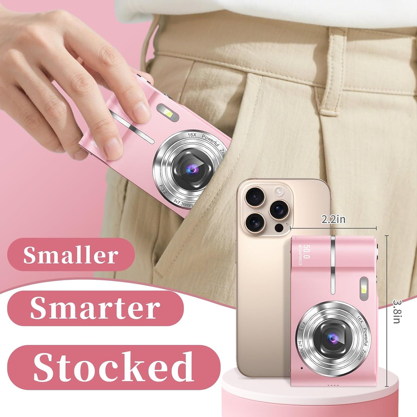 Basdecm 4K 50MP -16X 6 7 8 9 10 Digital Camera for Kids: Pink Camera for Photography Zoom Anti-Shake, Date Stamp